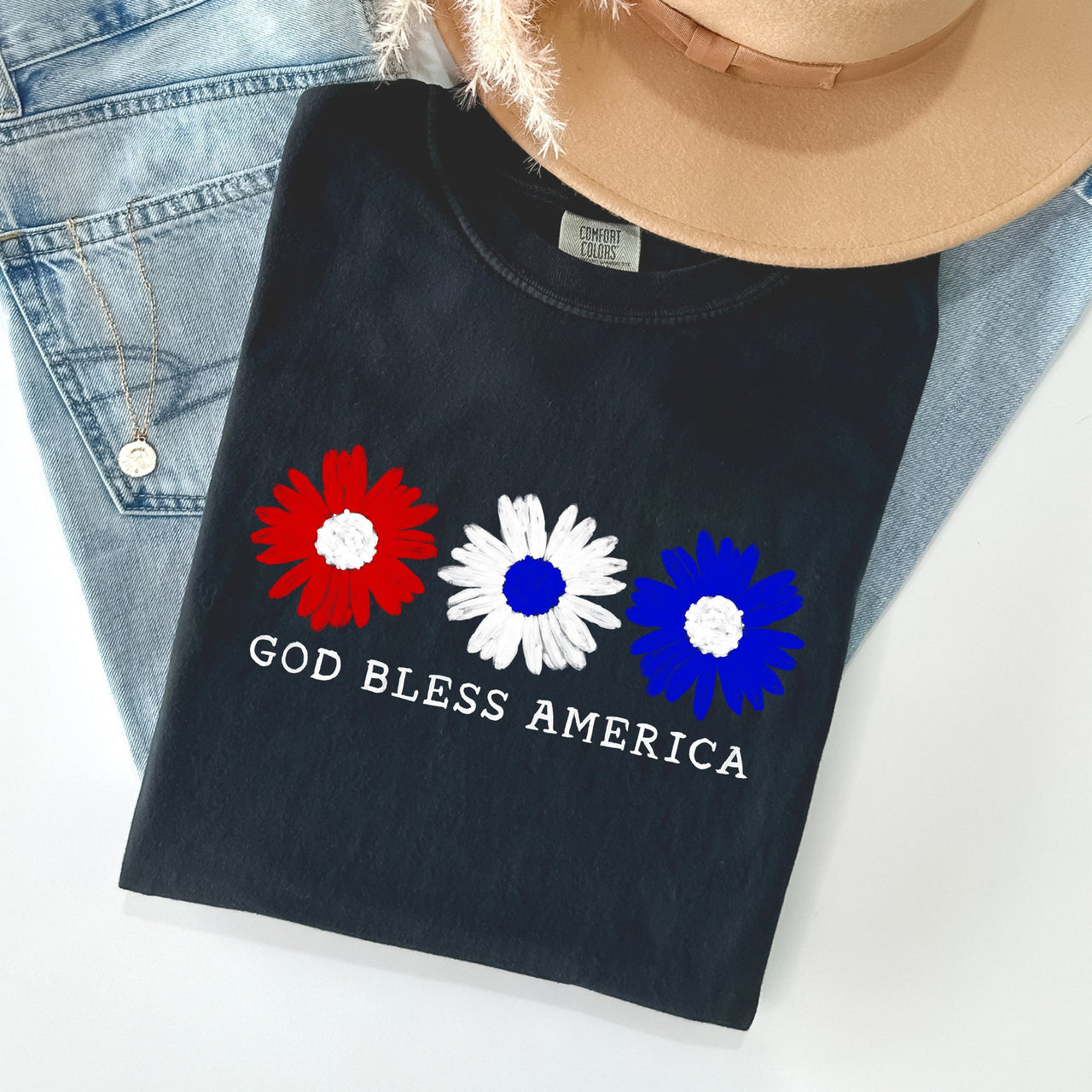 Flowers God Bless America Red White Blue Patriotic Floral Retro Americana Theme Comfort Colors Tee