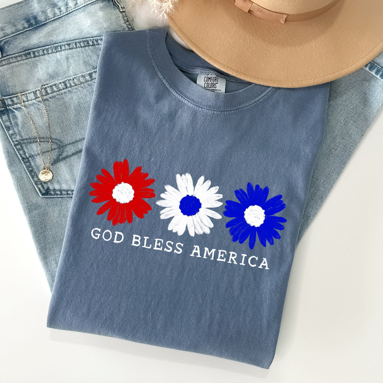 Flowers God Bless America Red White Blue Patriotic Floral Retro Americana Theme Comfort Colors Tee