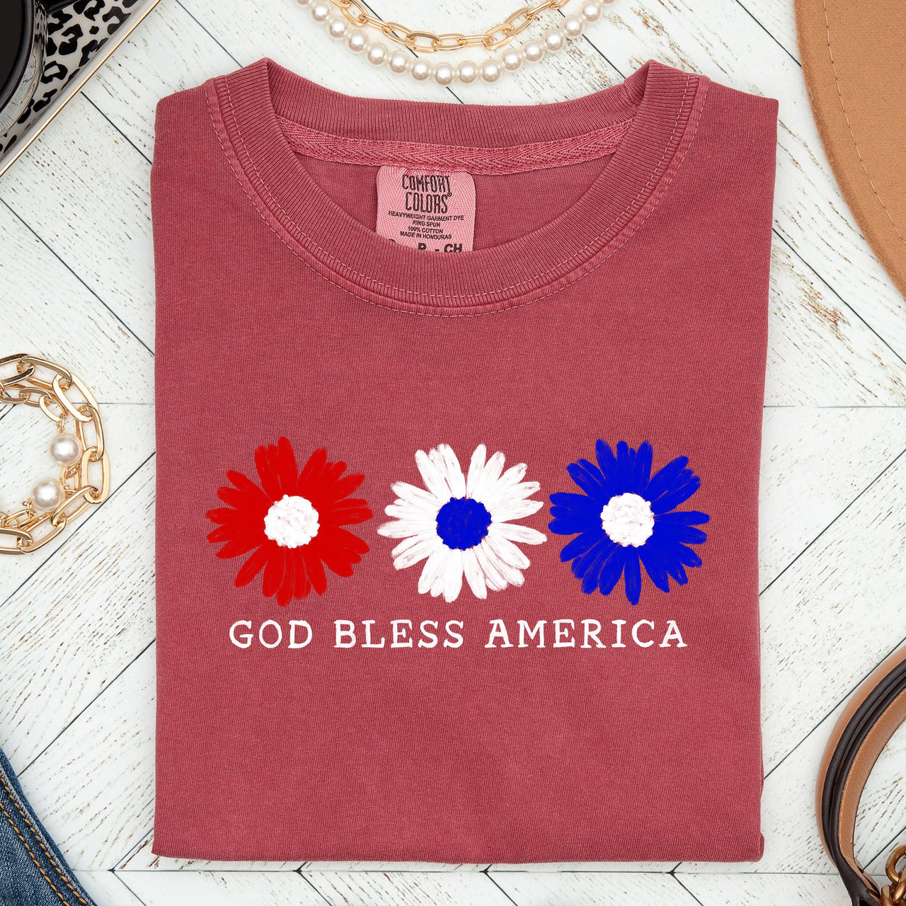 Flowers God Bless America Red White Blue Patriotic Floral Retro Americana Theme Comfort Colors Tee
