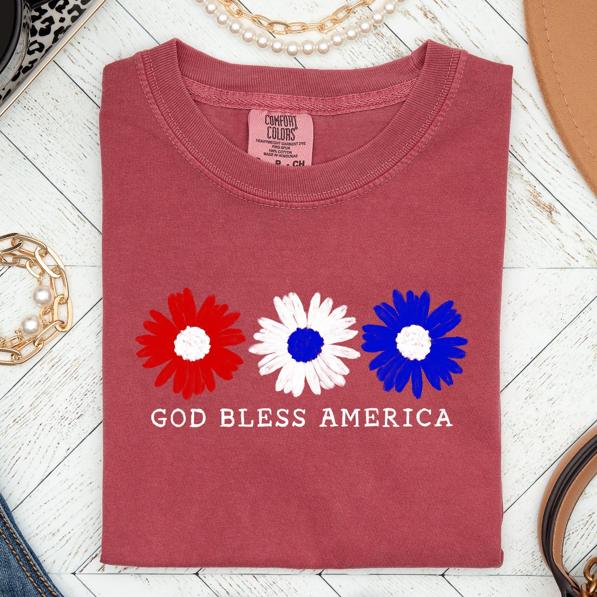 Flowers God Bless America Red White Blue Patriotic Floral Retro Americana Theme Comfort Colors Tee