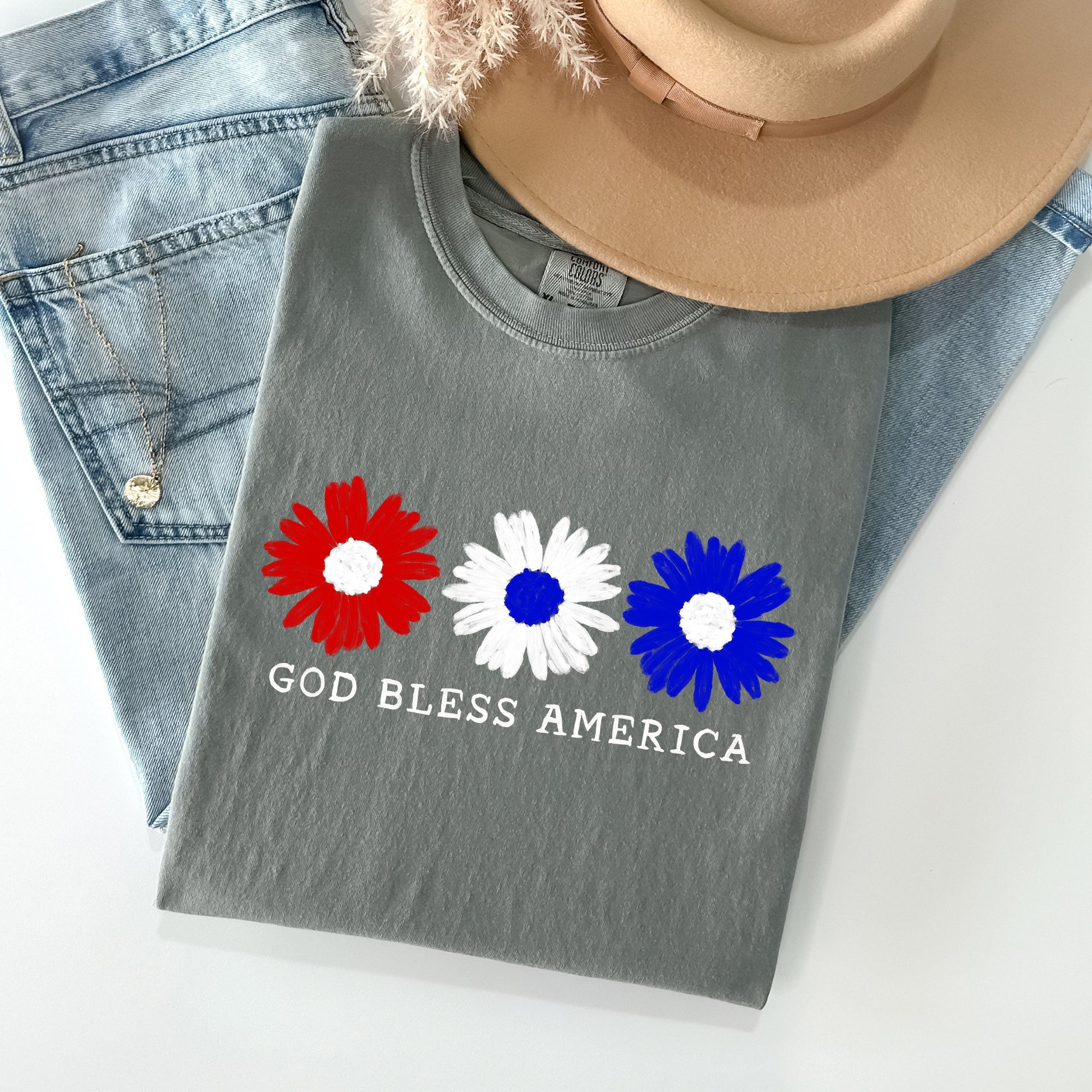 Flowers God Bless America Red White Blue Patriotic Floral Retro Americana Theme Comfort Colors Tee