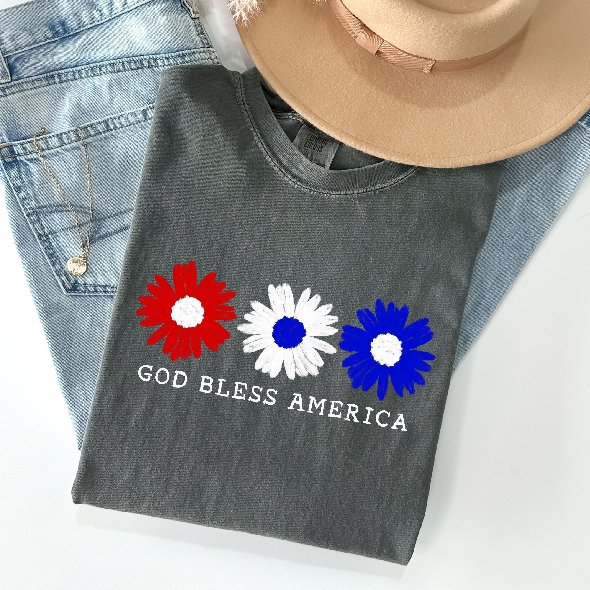 Flowers God Bless America Red White Blue Patriotic Floral Retro Americana Theme Comfort Colors Tee