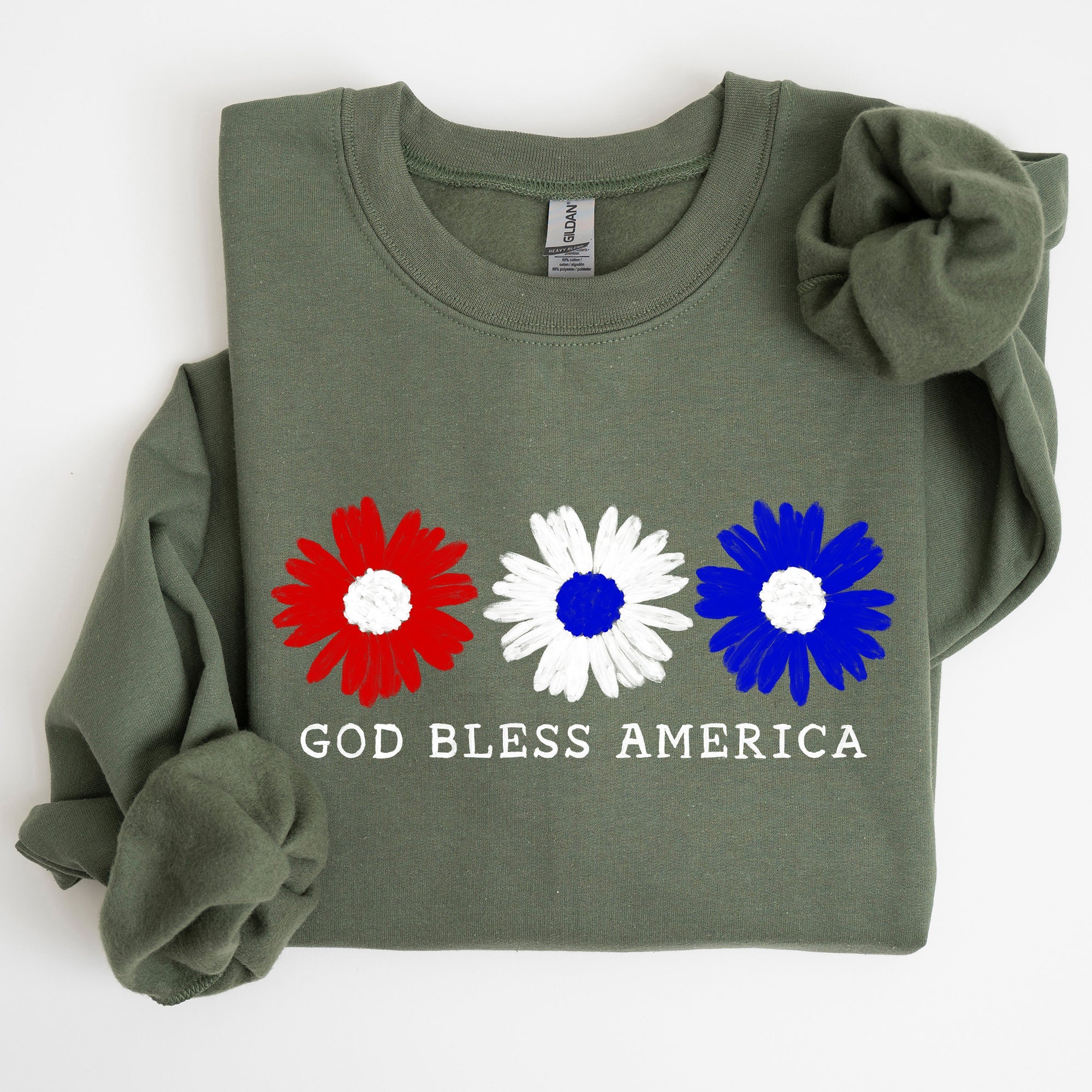 Flowers, God Bless America, Red White Blue Floral Patriotic Art Print Sweatshirt
