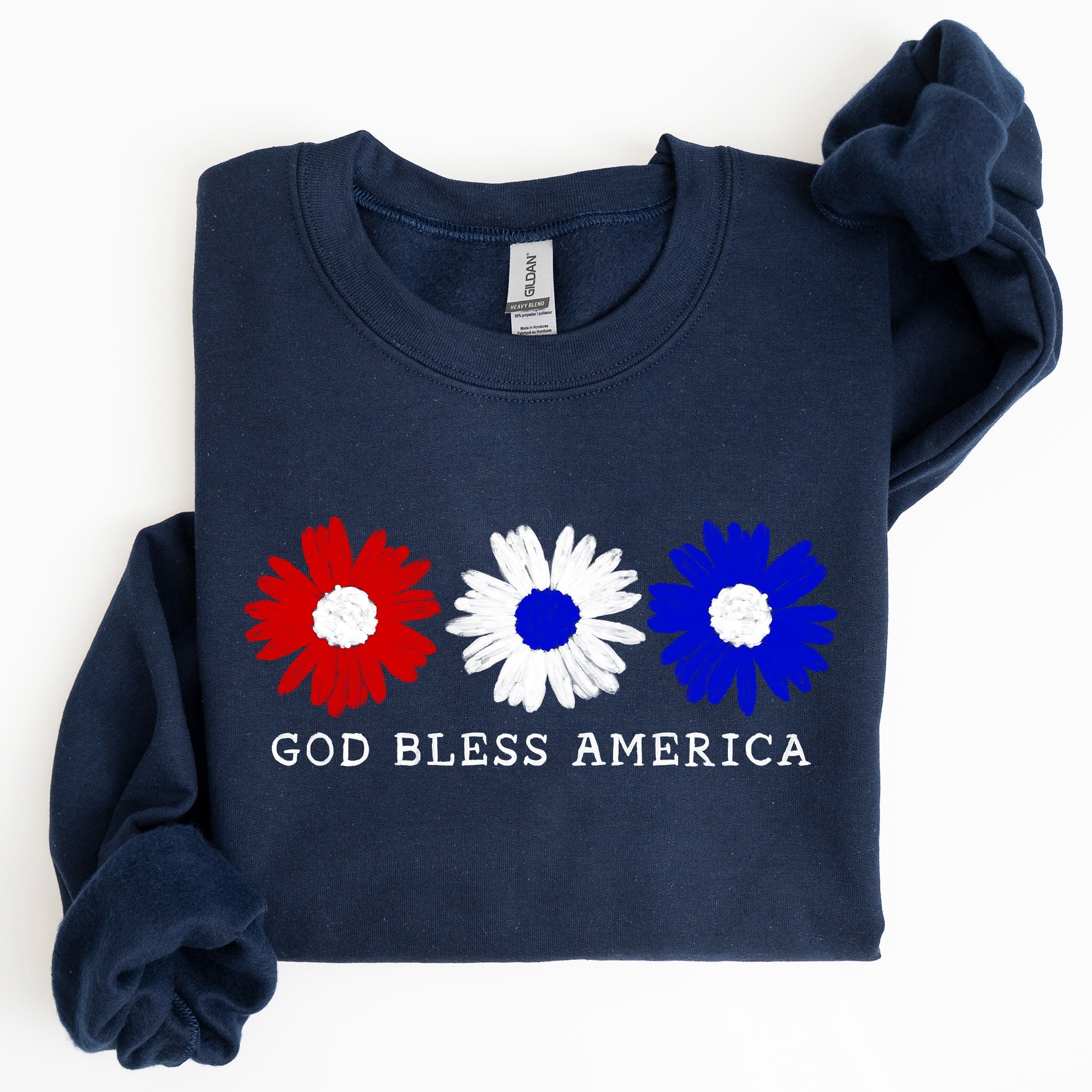 Flowers, God Bless America, Red White Blue Floral Patriotic Art Print Sweatshirt