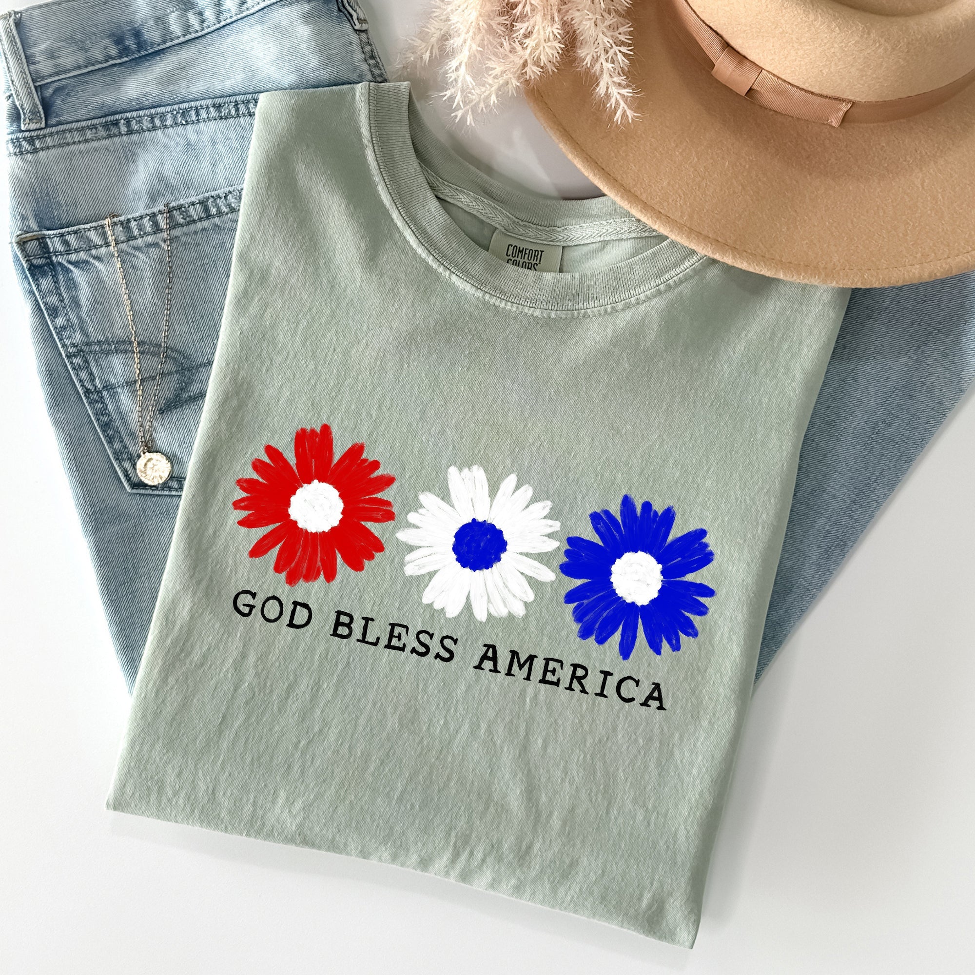 Flowers God Bless America Red White Blue Patriotic Floral Retro Americana Theme Comfort Colors Tee