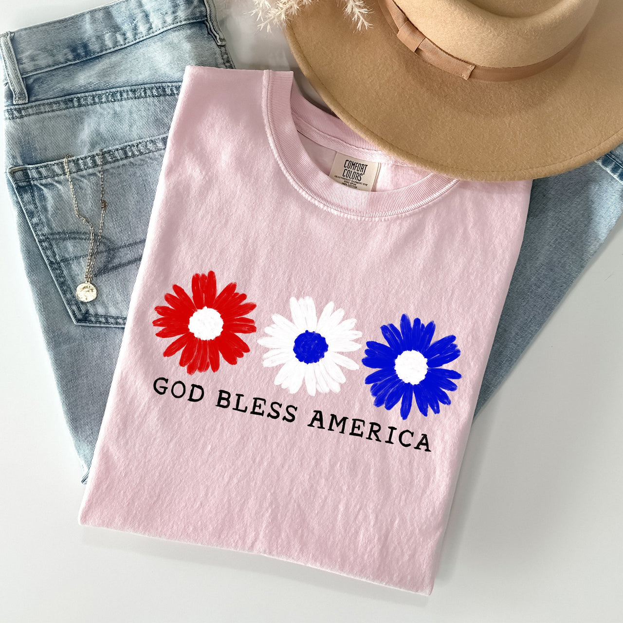 Flowers God Bless America Red White Blue Patriotic Floral Retro Americana Theme Comfort Colors Tee