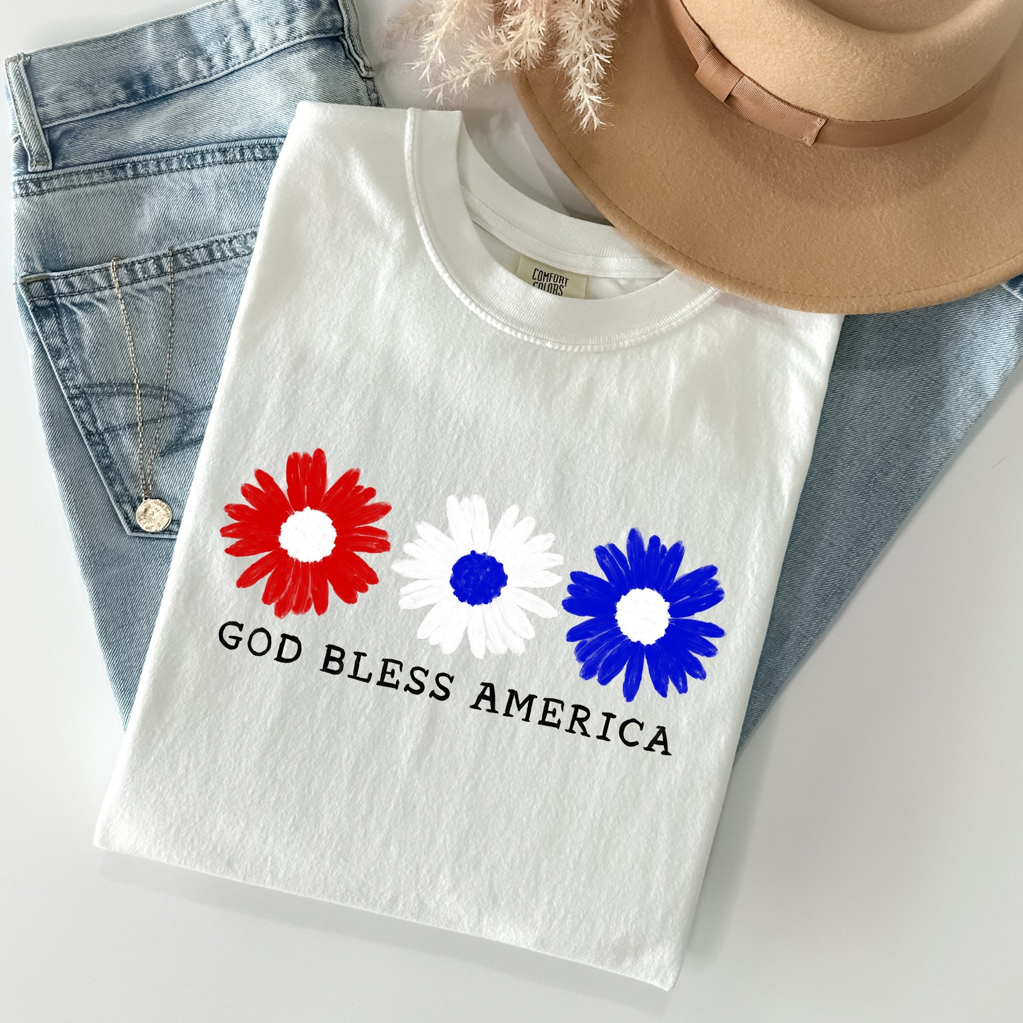 Flowers God Bless America Red White Blue Patriotic Floral Retro Americana Theme Comfort Colors Tee