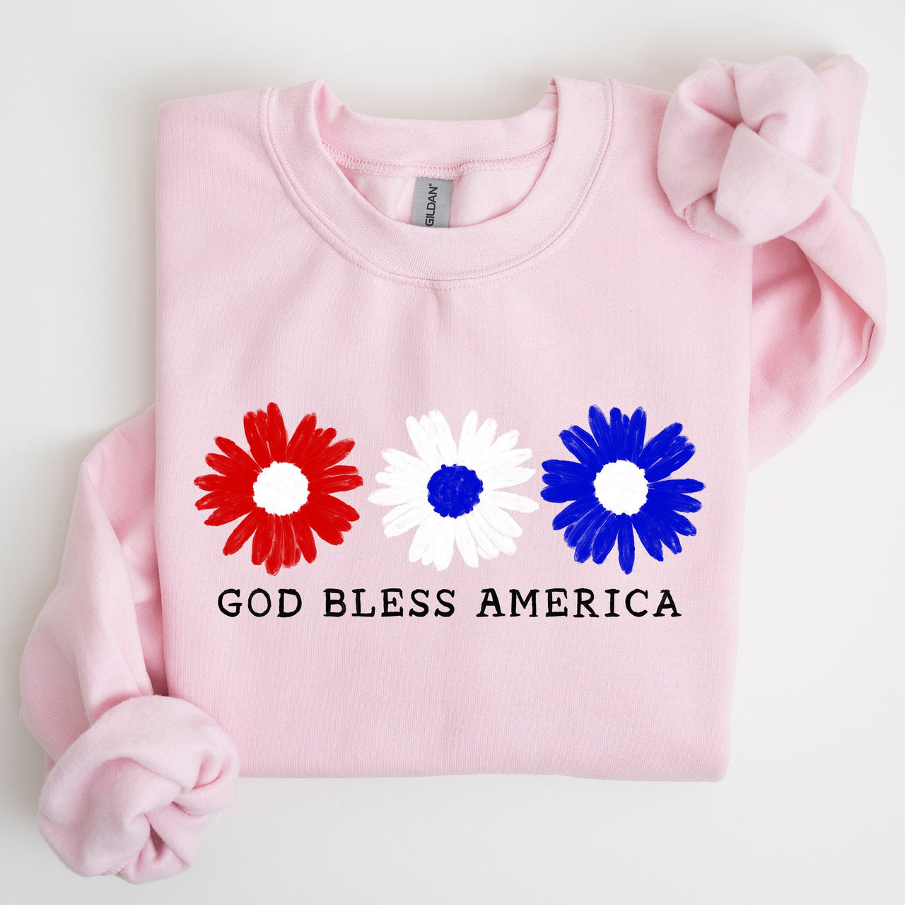Flowers, God Bless America, Red White Blue Floral Patriotic Art Print Sweatshirt