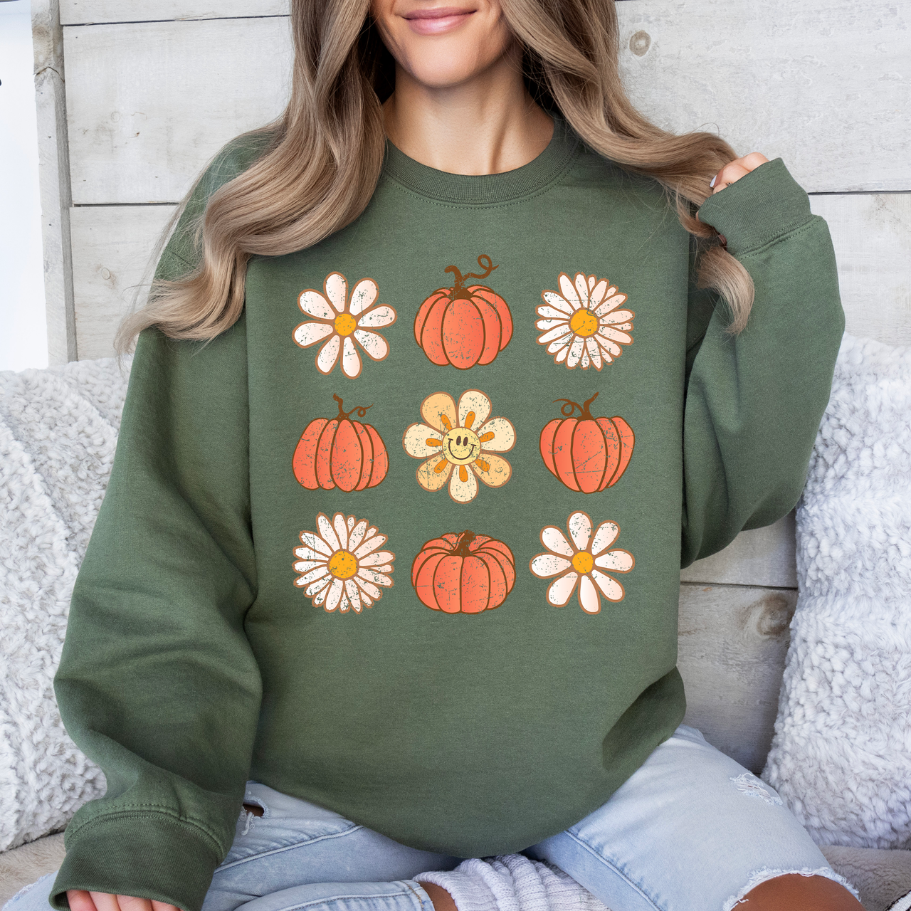 Flowers And Pumpkins Minimalist Autumn Fall Halloween Seasonal Floral Print Sweatshirt