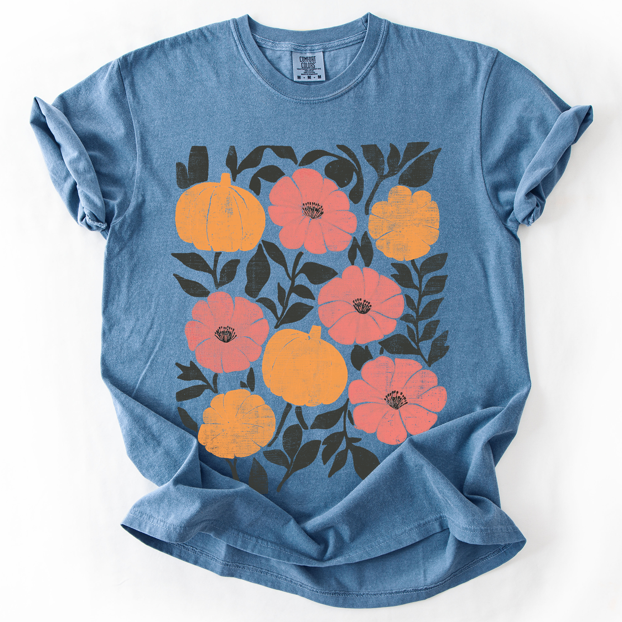 Flowers and Pumpkins Watercolor Halloween Autumn Floral Design Comfort Colors Tee