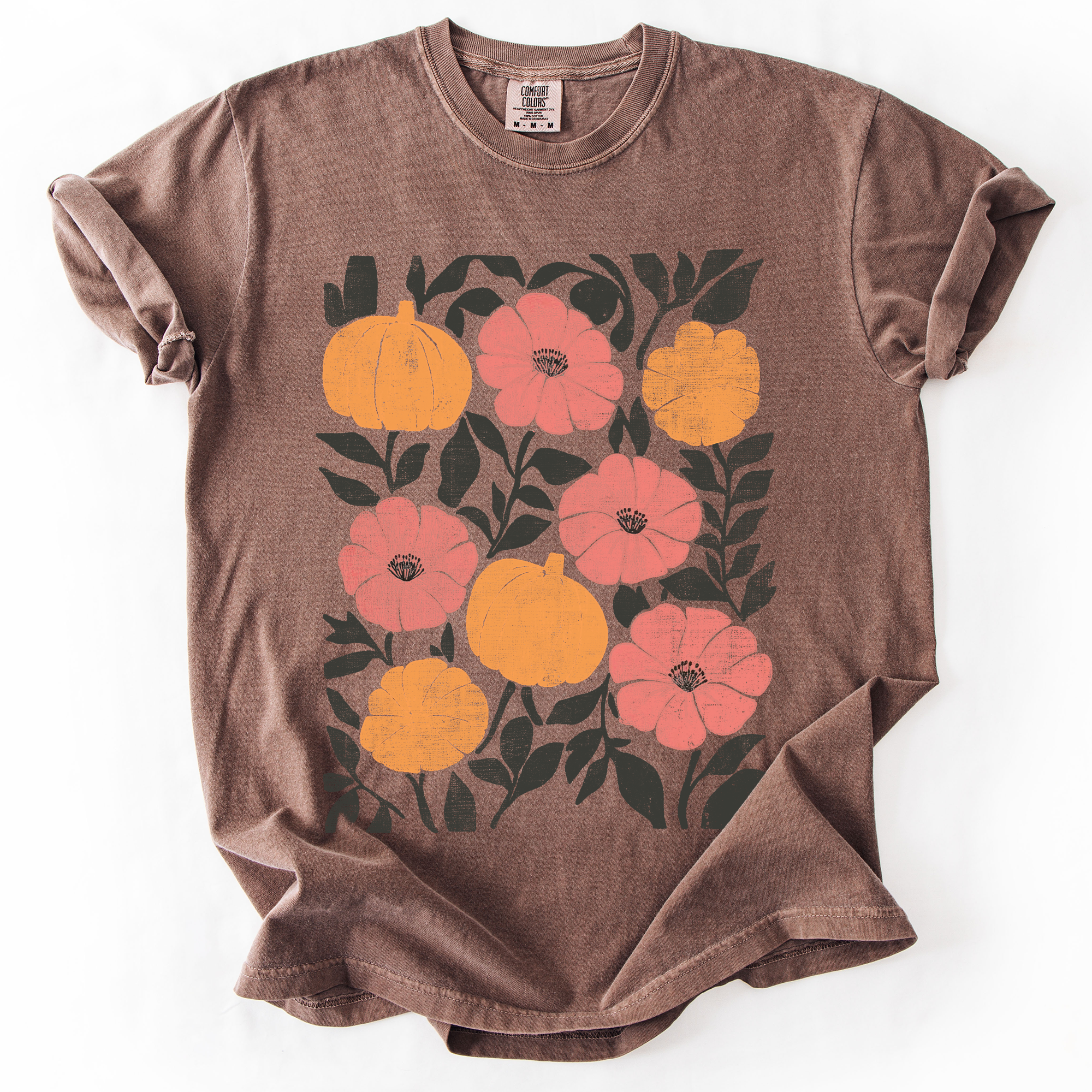 Flowers and Pumpkins Watercolor Halloween Autumn Floral Design Comfort Colors Tee