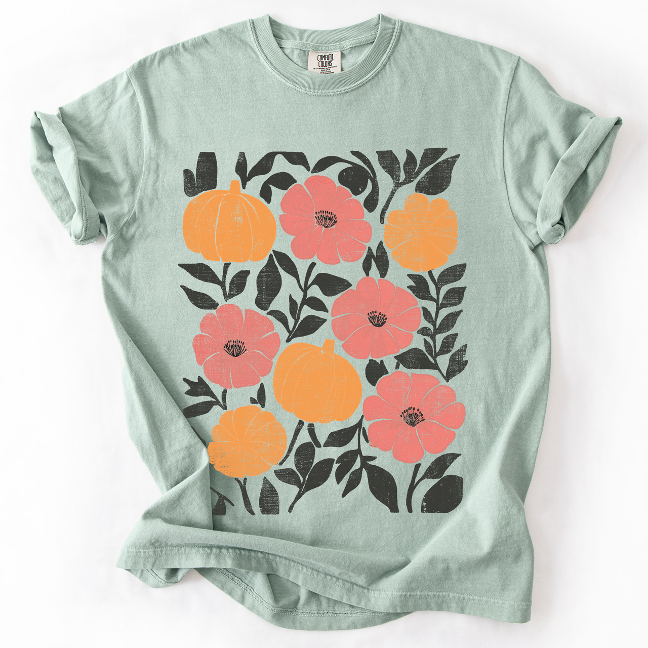 Flowers and Pumpkins Watercolor Halloween Autumn Floral Design Comfort Colors Tee
