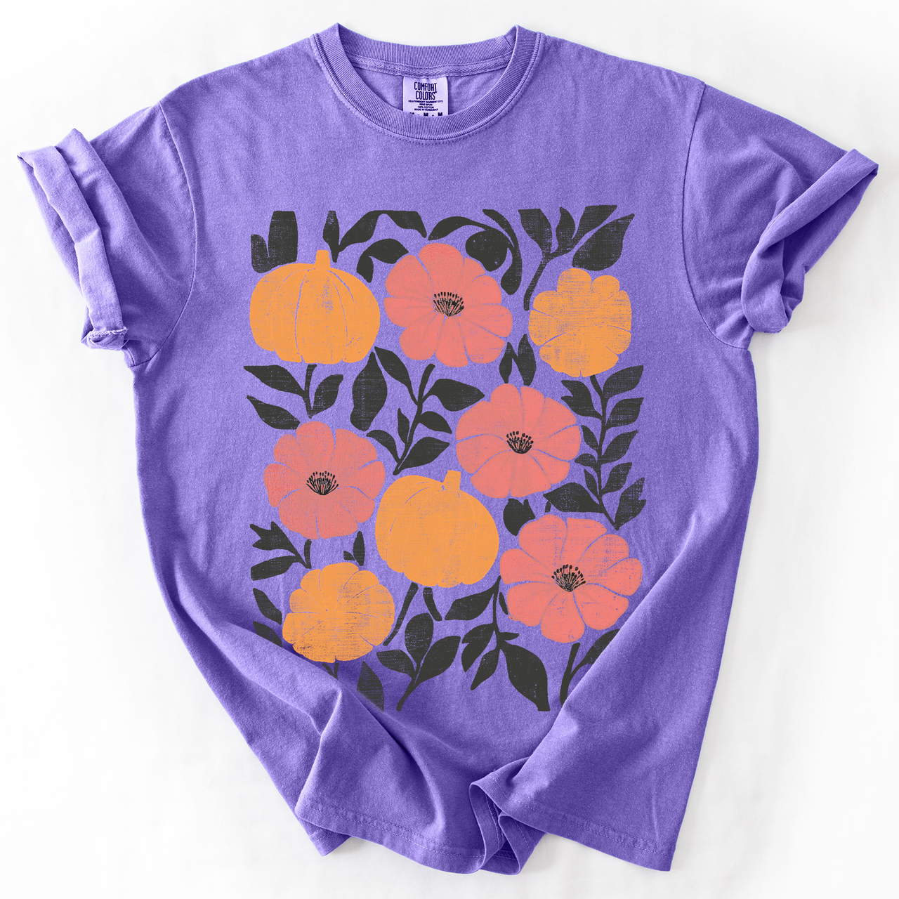 Flowers and Pumpkins Watercolor Halloween Autumn Floral Design Comfort Colors Tee