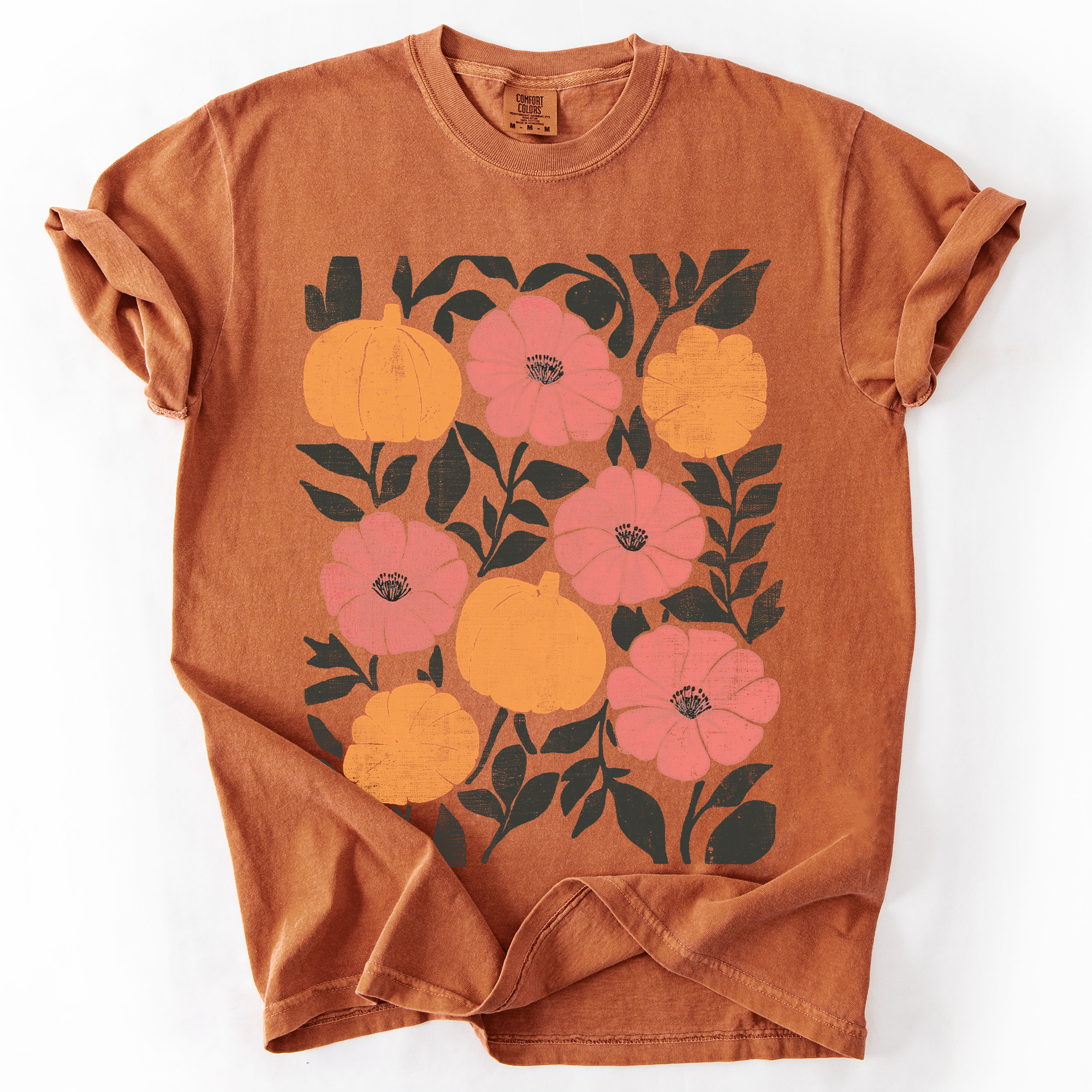 Flowers and Pumpkins Watercolor Halloween Autumn Floral Design Comfort Colors Tee