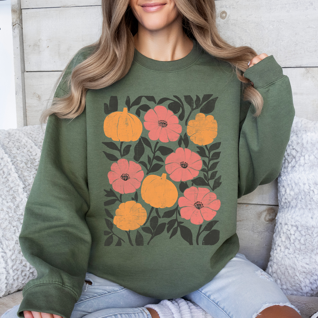Vivid Watercolor Flowers And Pumpkins Autumn Halloween Garden Scene Artwork Print Sweatshirt