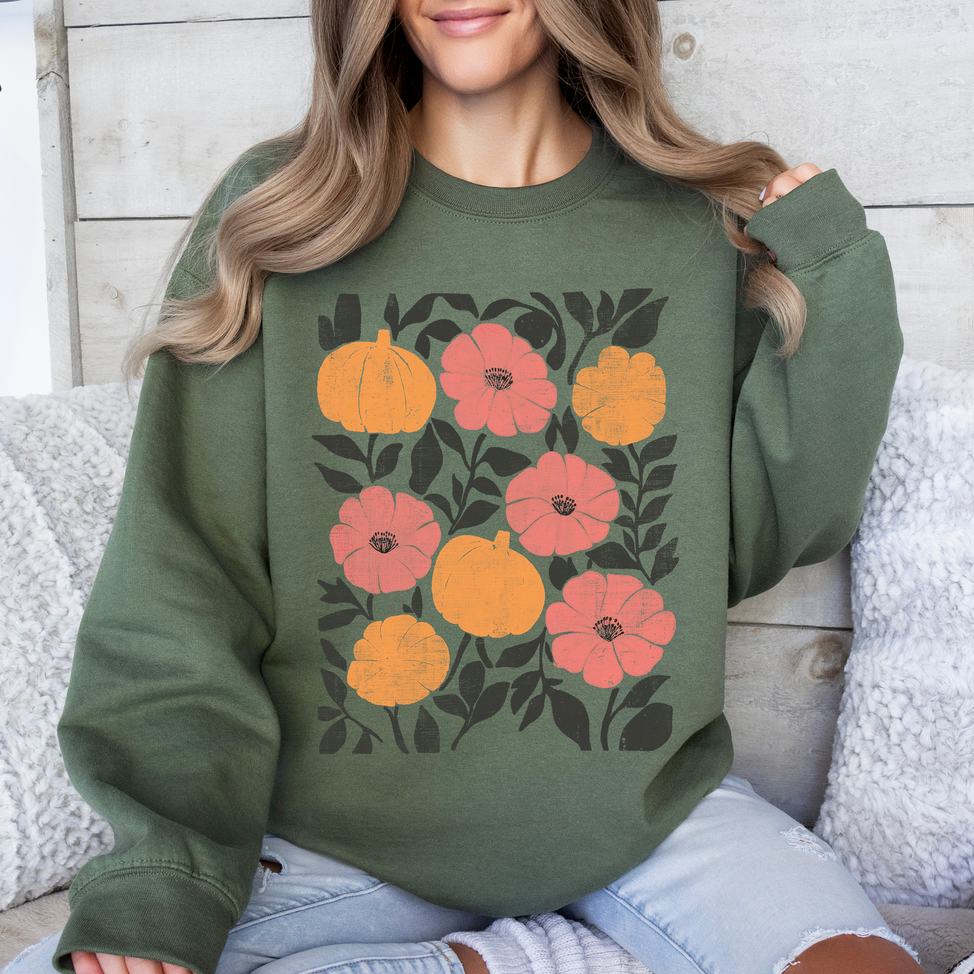 Vivid Watercolor Flowers And Pumpkins Autumn Halloween Garden Scene Artwork Print Sweatshirt
