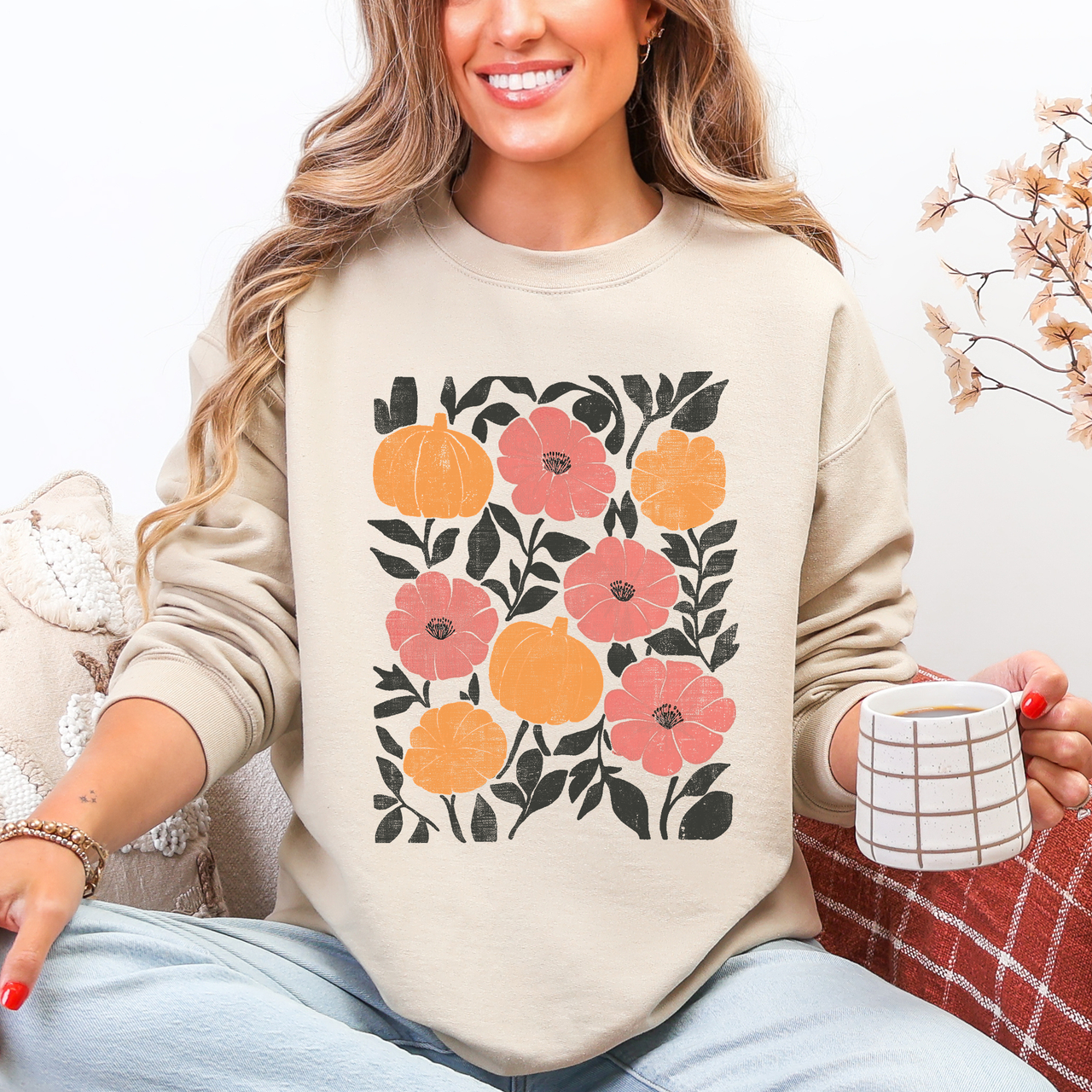 Vivid Watercolor Flowers And Pumpkins Autumn Halloween Garden Scene Artwork Print Sweatshirt