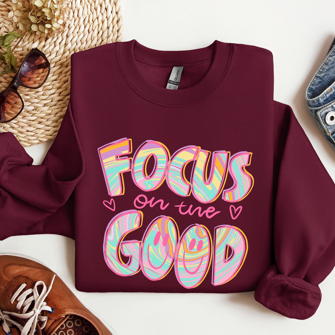 Focus On The Good Retro Groovy Positivity Mental Health Awareness And Positive Vibes Sweatshirt