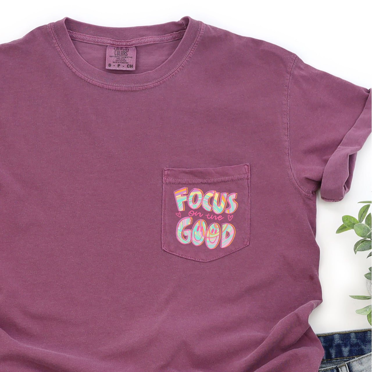 Focus On The Good Retro Pocket Positivity Mental Health Pocket Tee Comfort Colors Tee
