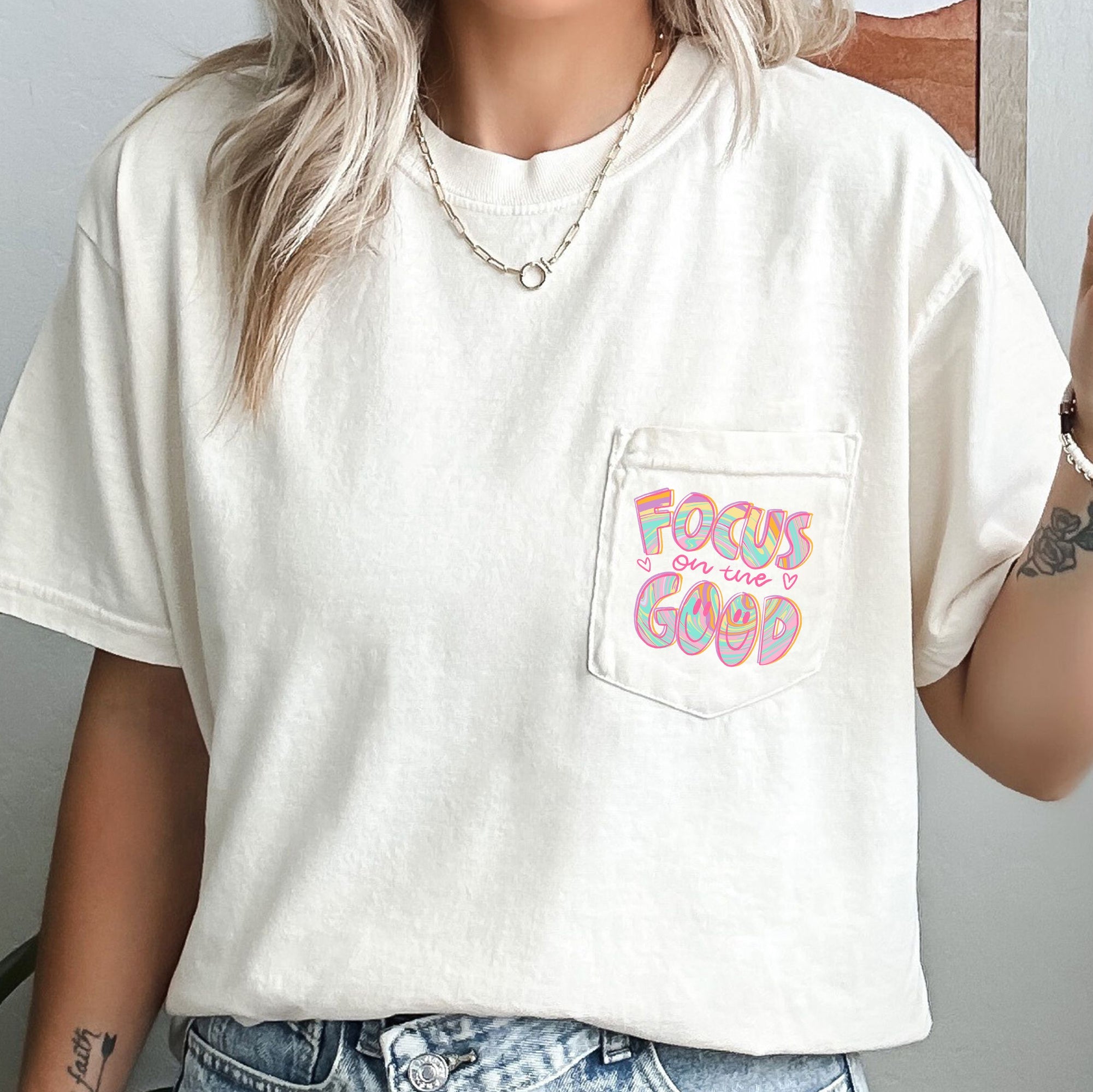 Focus On The Good Retro Pocket Positivity Mental Health Pocket Tee Comfort Colors Tee