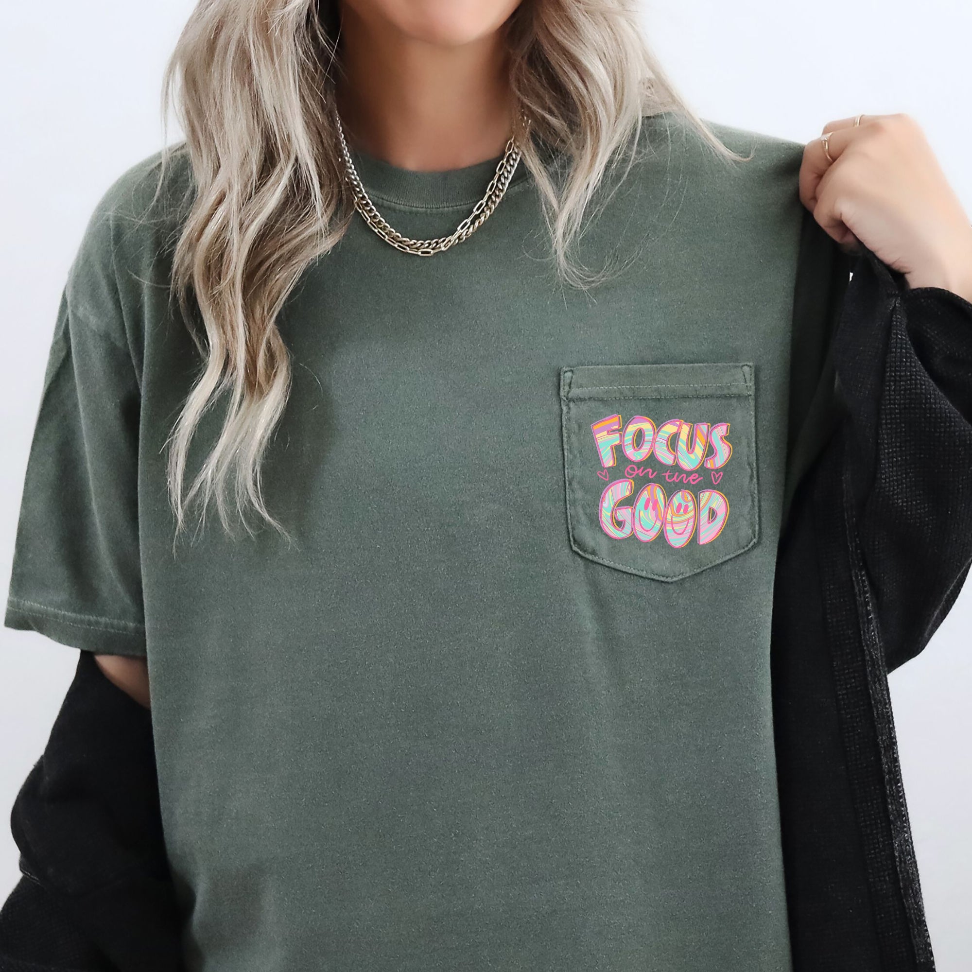 Focus On The Good Retro Pocket Positivity Mental Health Pocket Tee Comfort Colors Tee