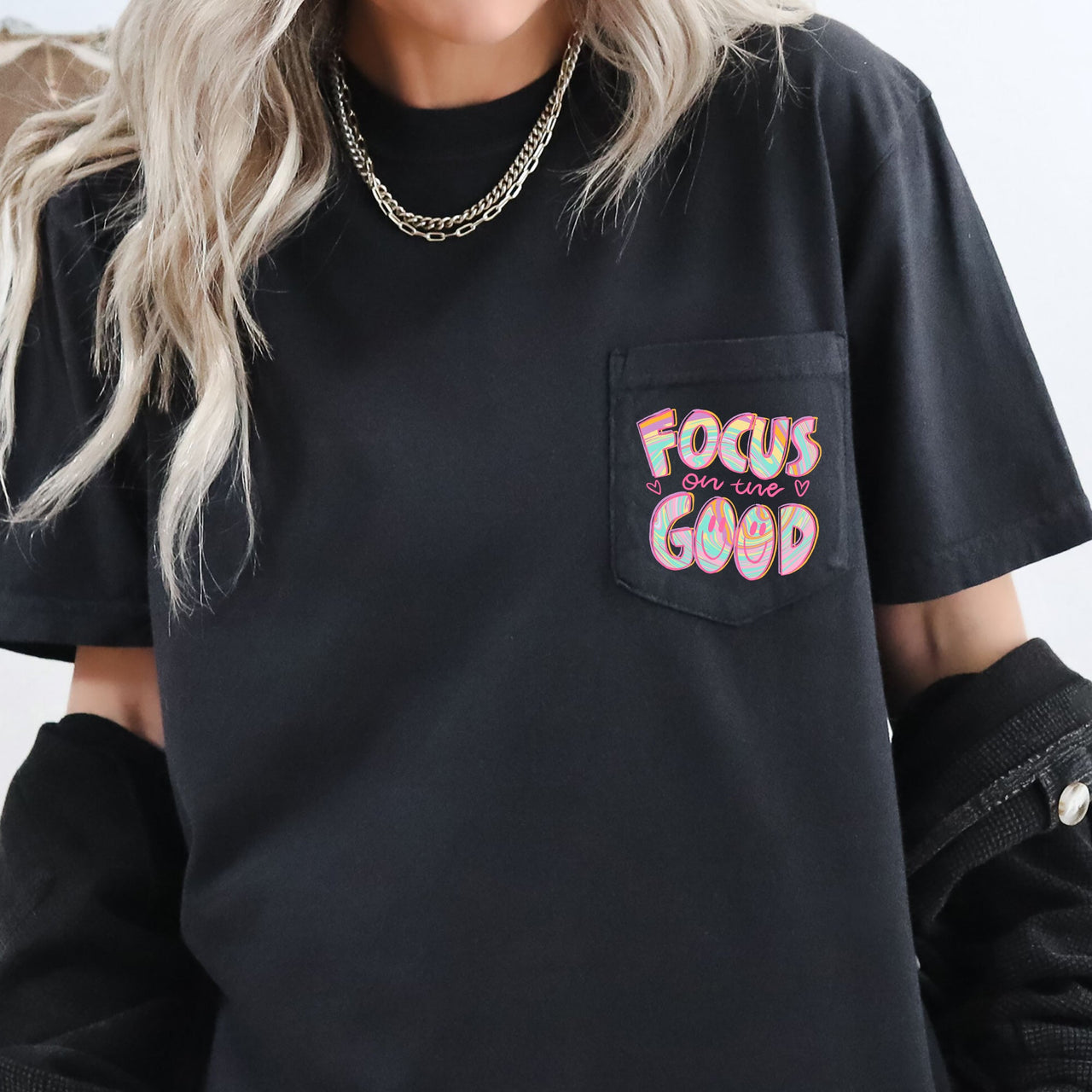 Focus On The Good Retro Pocket Positivity Mental Health Pocket Tee Comfort Colors Tee