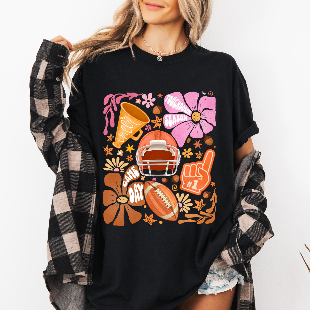 Football Floral Girly Sports Game Day Tailgate Touchdown Big Game Theme Comfort Colors Tee