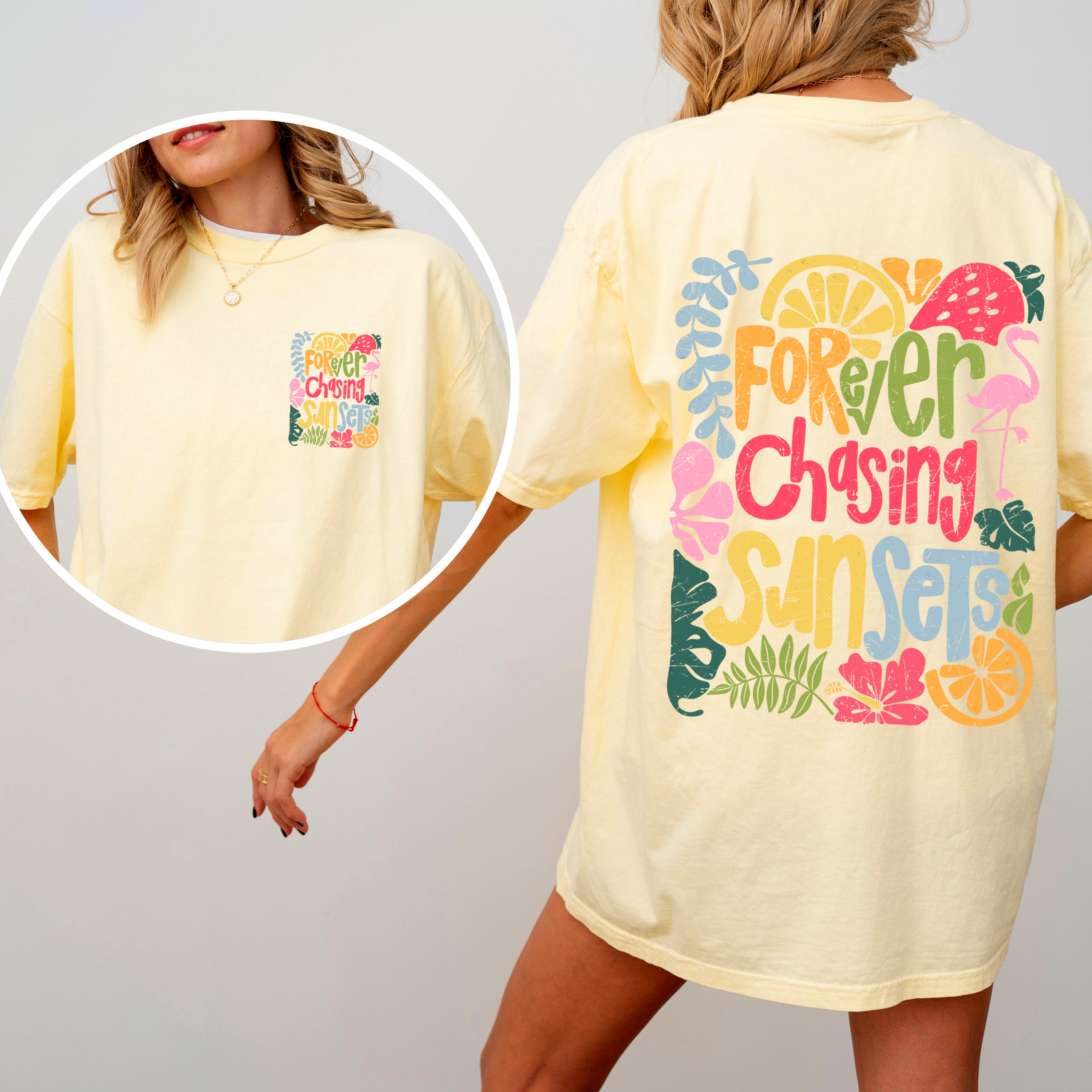 Forever Chasing Sunsets Flamingo Beach Summer Vibes Coastal Calm Ocean Breeze Comfort Colors Tee