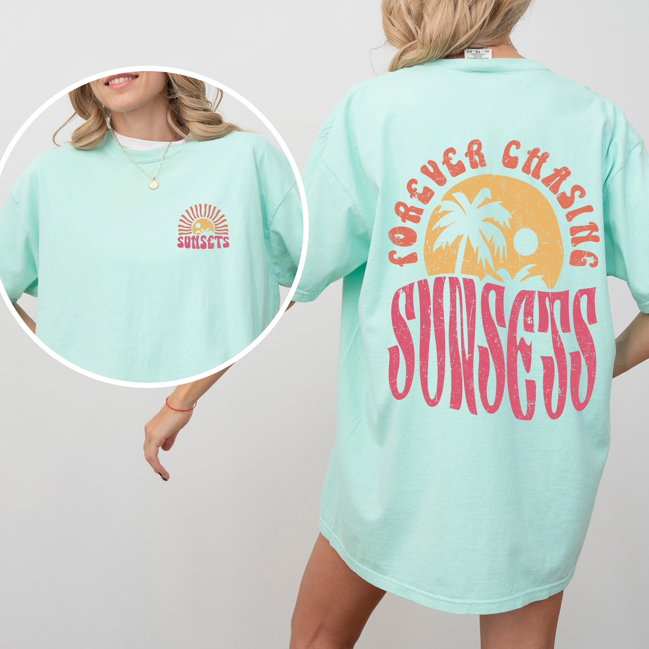 Forever Chasing Sunsets Palm Trees Beach Summer Coastal Living Comfort Colors Tee
