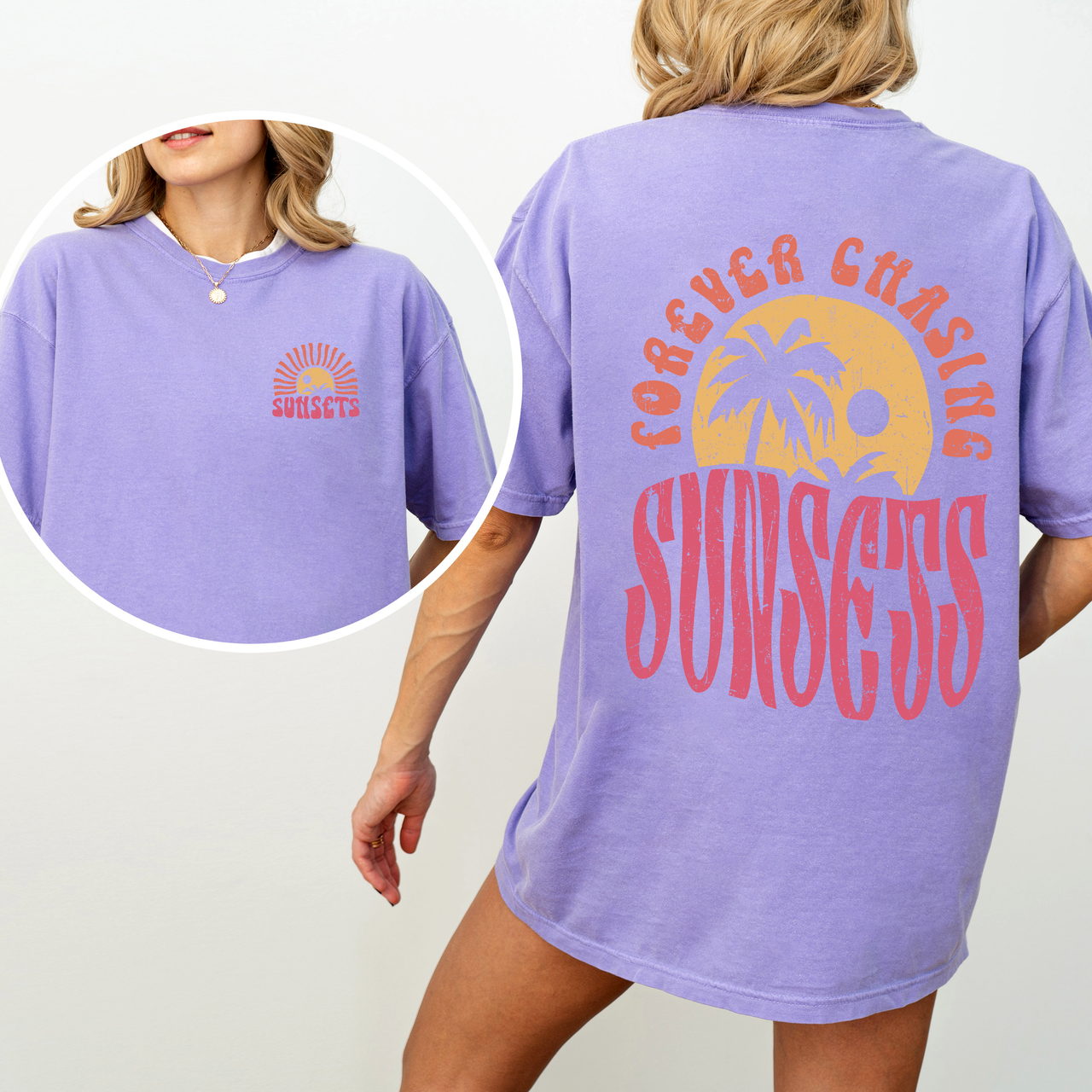 Forever Chasing Sunsets Palm Trees Beach Summer Coastal Living Comfort Colors Tee