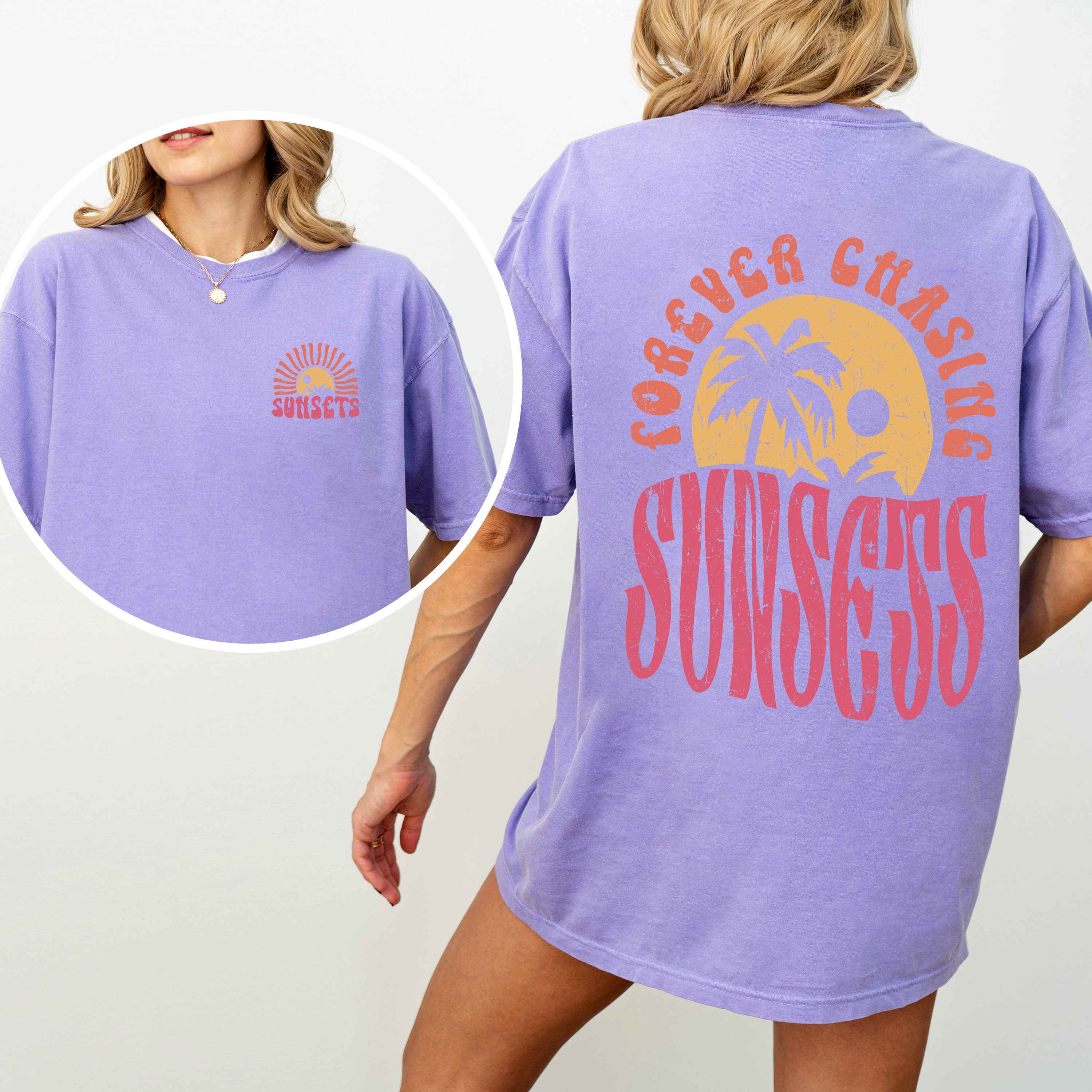 Forever Chasing Sunsets Palm Trees Beach Summer Coastal Living Comfort Colors Tee