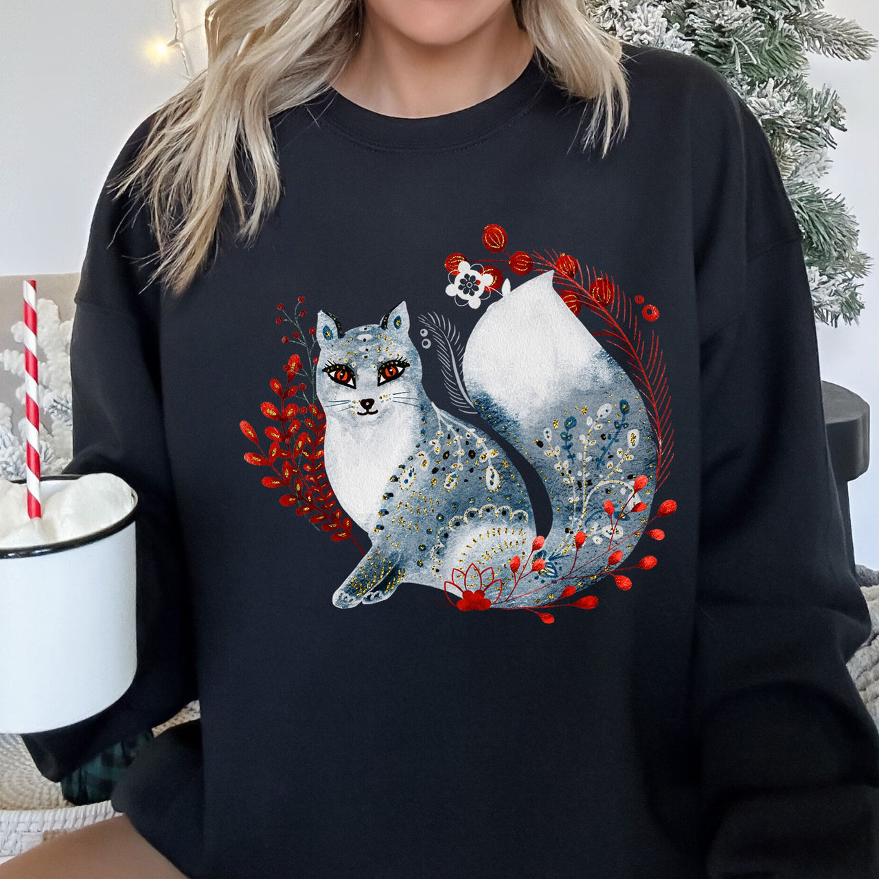 Fox, Folk Art Scandinavian Christmas Fox Art Illustration For Cozy Nordic Holiday Sweatshirt