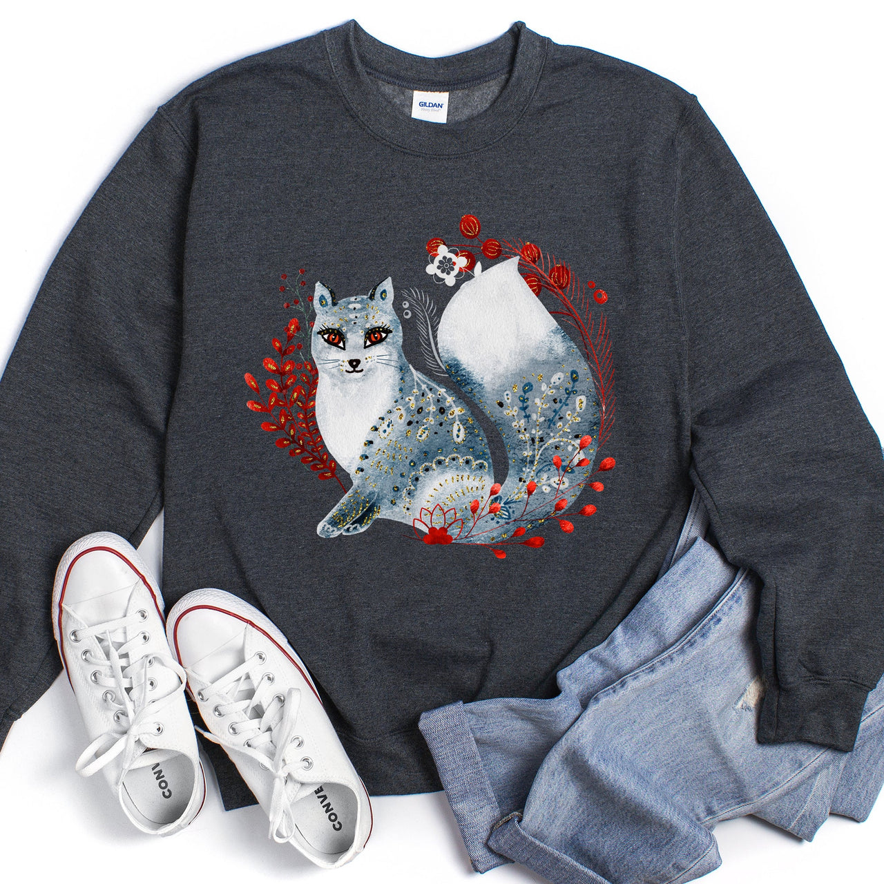 Fox, Folk Art Scandinavian Christmas Fox Art Illustration For Cozy Nordic Holiday Sweatshirt
