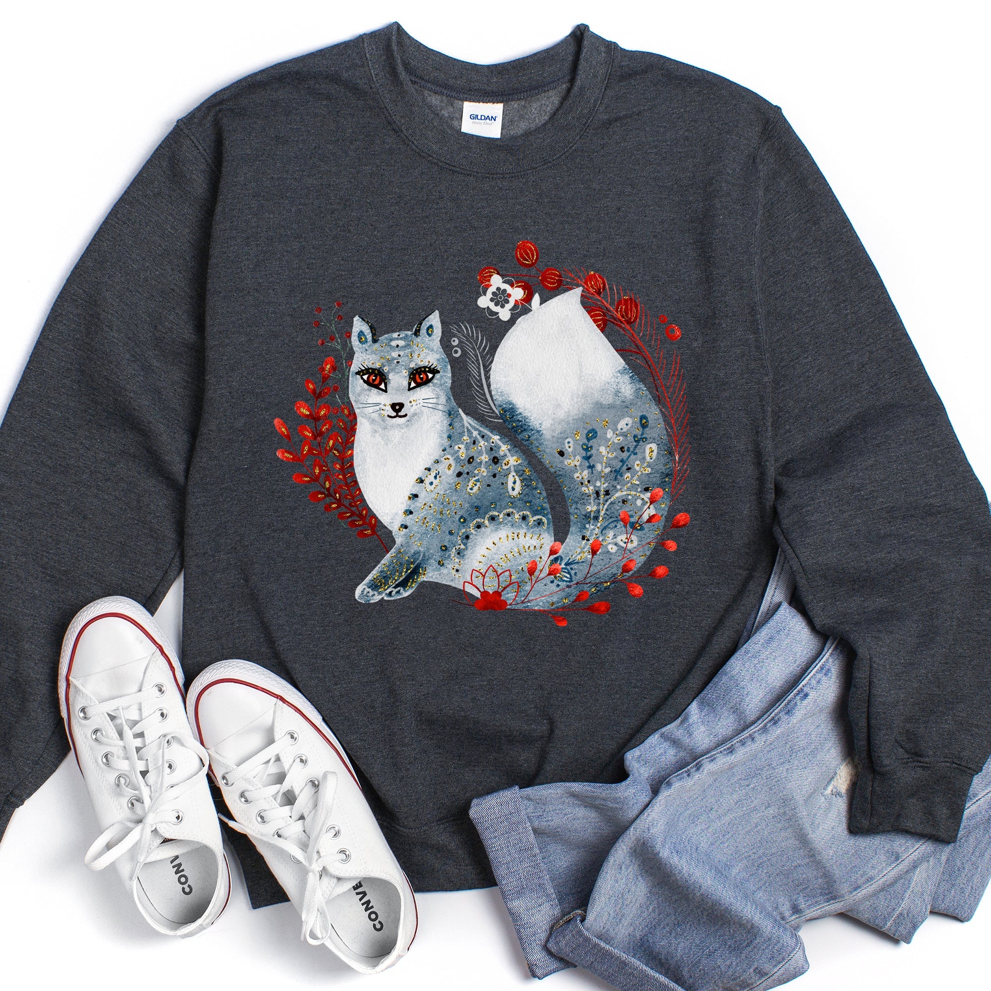 Fox, Folk Art Scandinavian Christmas Fox Art Illustration For Cozy Nordic Holiday Sweatshirt