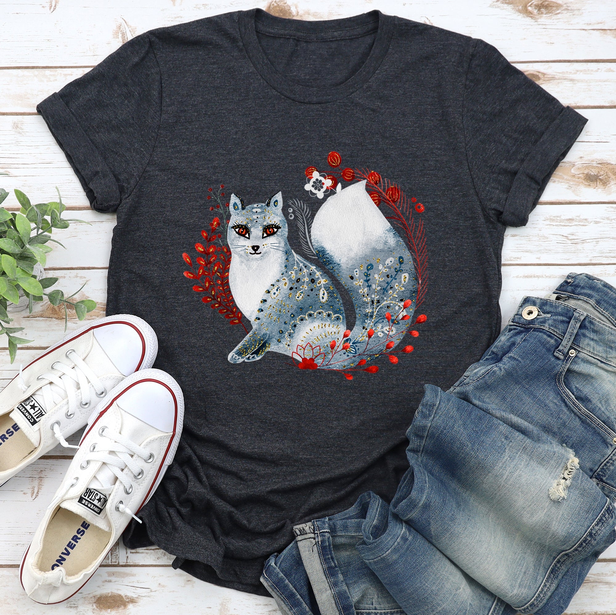 Fox Folk Art Scandinavian Winter Christmas Foxes Ornaments Snowflakes Graphic Tee
