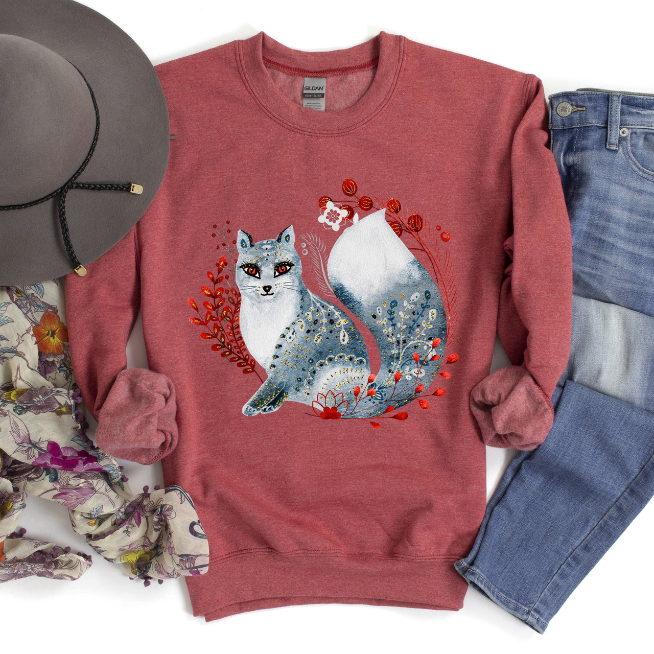 Fox, Folk Art Scandinavian Christmas Fox Art Illustration For Cozy Nordic Holiday Sweatshirt