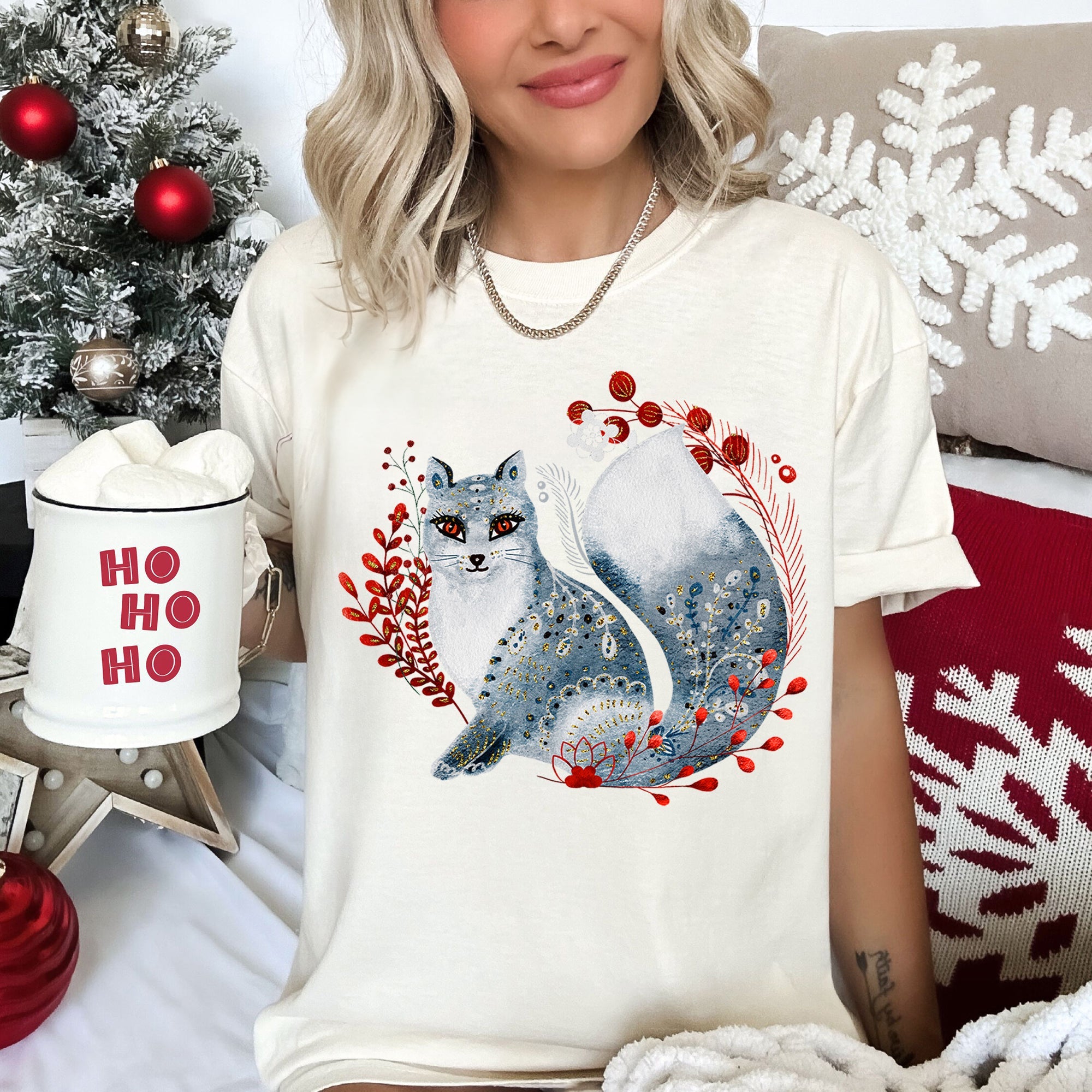Fox Folk Art Scandinavian Winter Christmas Nordic Woodland Scene Themed Illustration Comfort Colors Tee