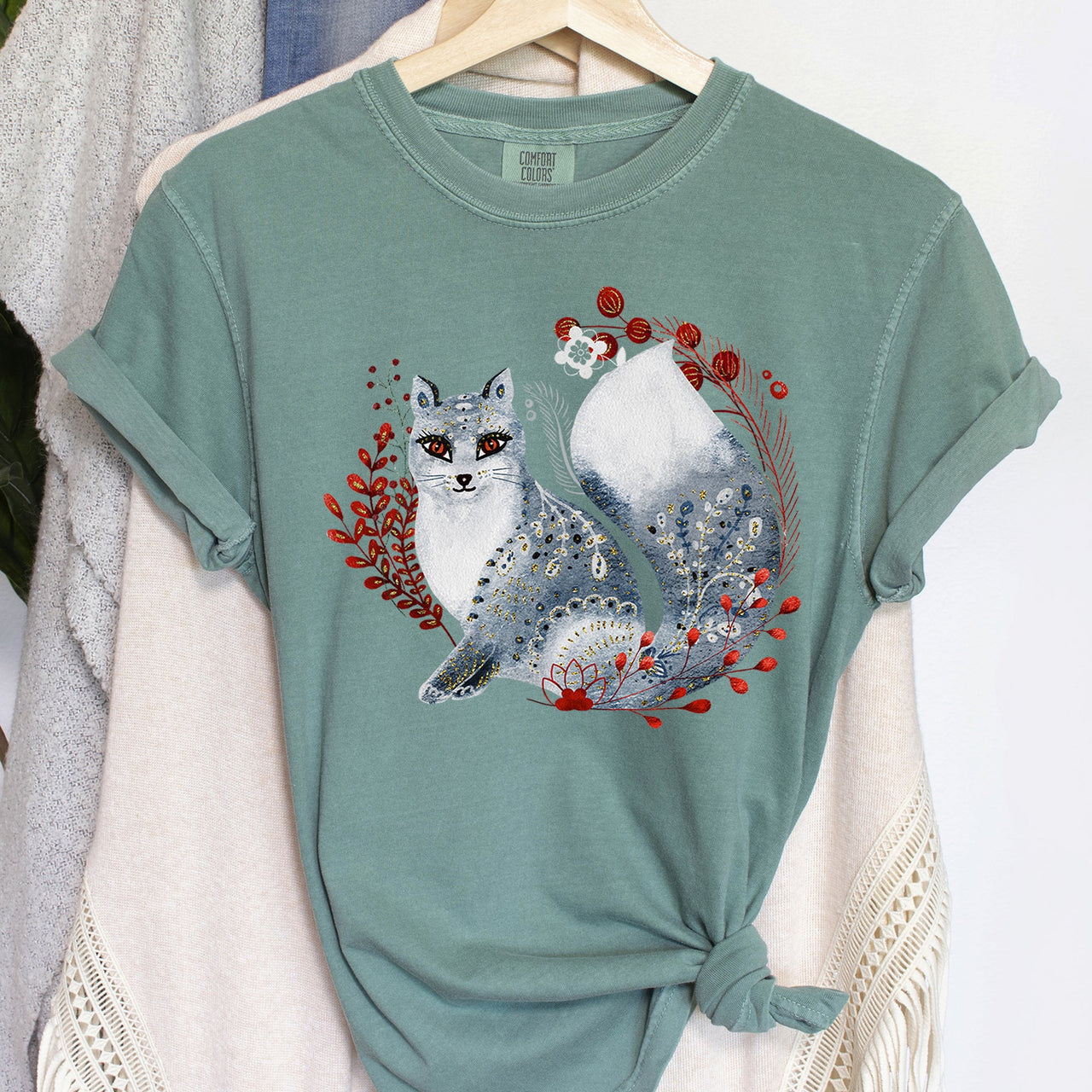 Fox Folk Art Scandinavian Winter Christmas Nordic Woodland Scene Themed Illustration Comfort Colors Tee