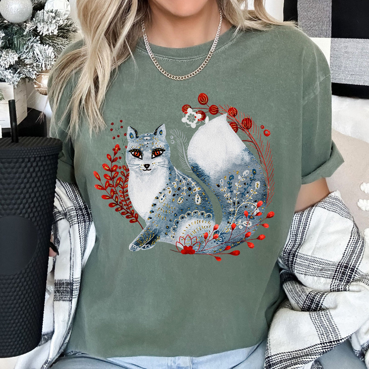 Fox Folk Art Scandinavian Winter Christmas Nordic Woodland Scene Themed Illustration Comfort Colors Tee