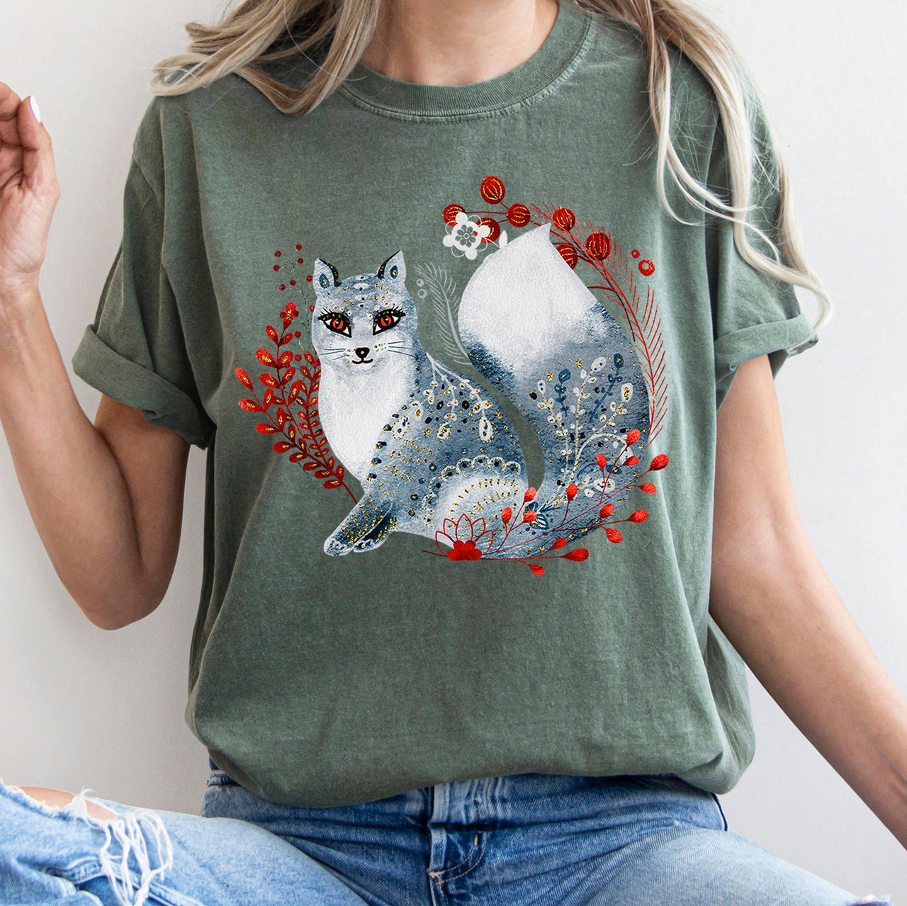 Fox Folk Art Scandinavian Winter Christmas Nordic Woodland Scene Themed Illustration Comfort Colors Tee