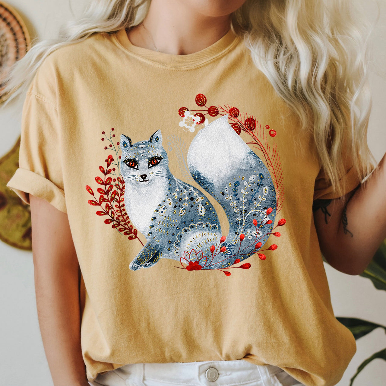 Fox Folk Art Scandinavian Winter Christmas Nordic Woodland Scene Themed Illustration Comfort Colors Tee