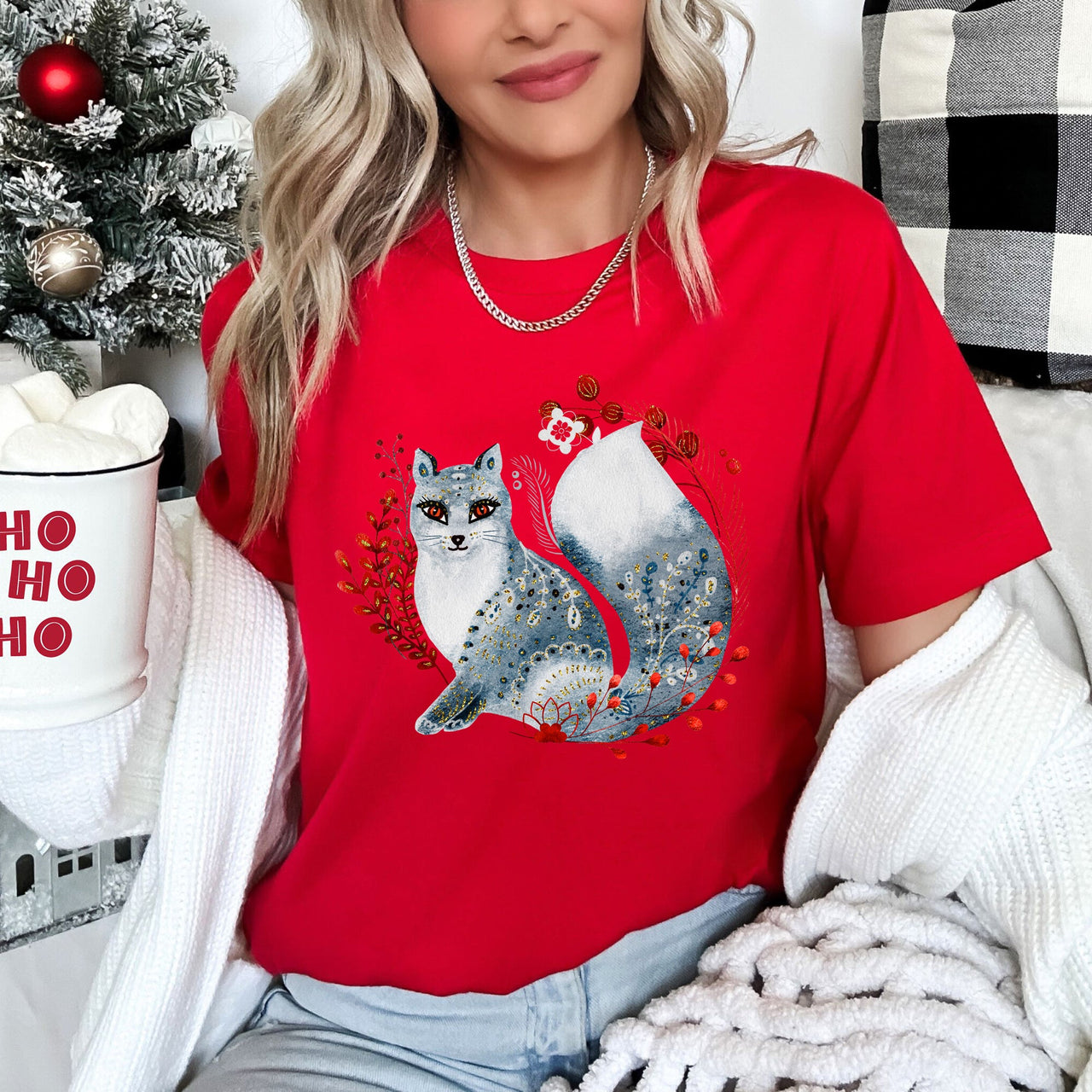 Fox Folk Art Scandinavian Winter Christmas Foxes Ornaments Snowflakes Graphic Tee