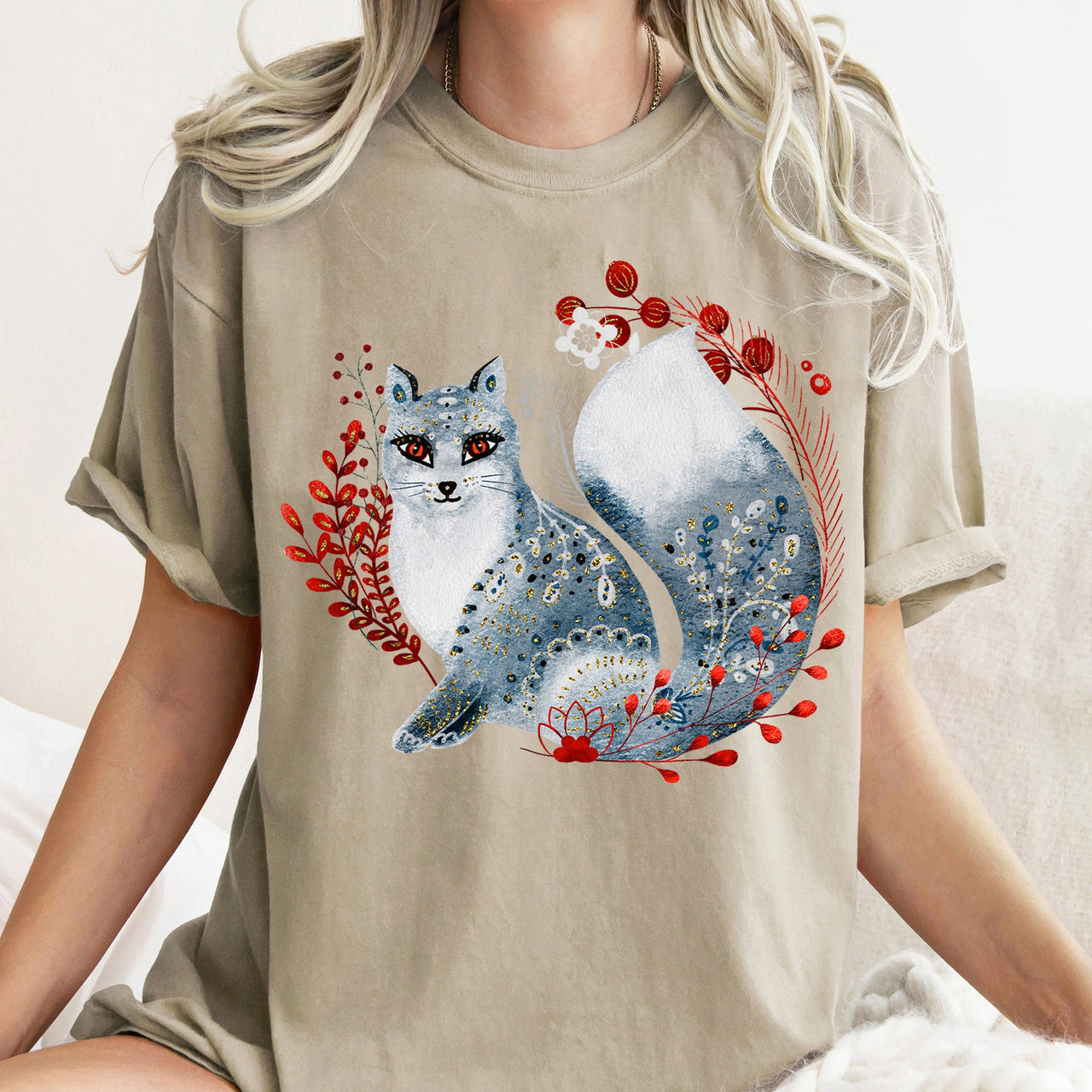 Fox Folk Art Scandinavian Winter Christmas Nordic Woodland Scene Themed Illustration Comfort Colors Tee