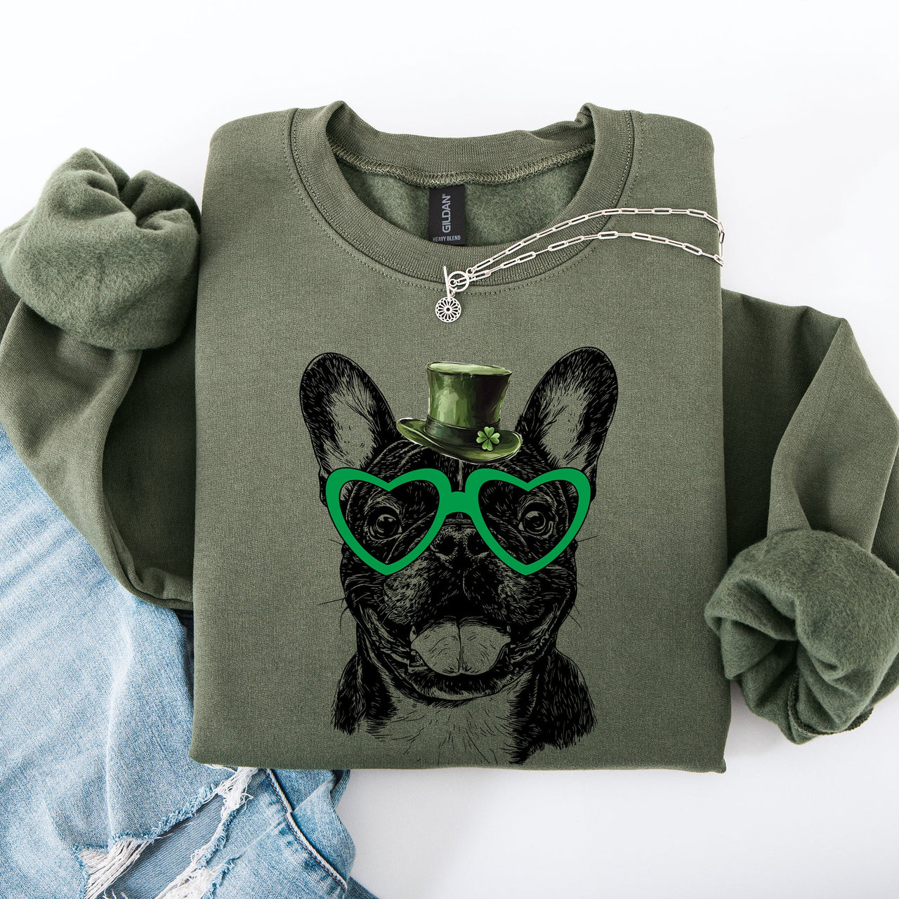 Frenchie St. Patrick's Day Irish Luck Pup Love Warm Cozy Fleece Themed Sweatshirt
