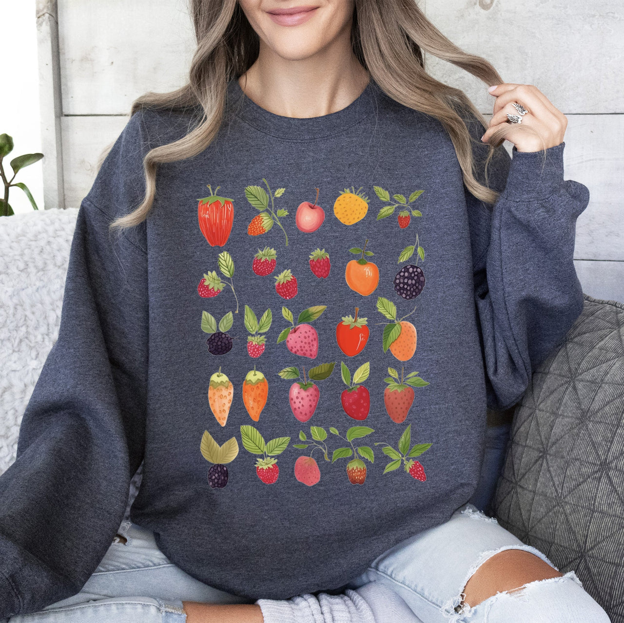 Fruity Delight Colorful Berries Illustrated Whimsical Fruit Pattern Artwork Sweatshirt
