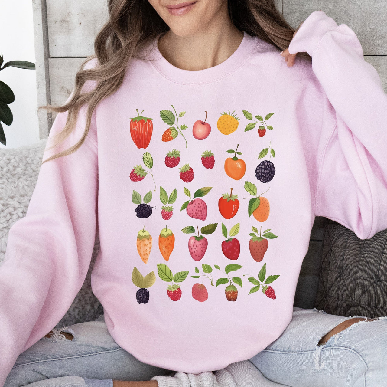Fruity Delight Colorful Berries Illustrated Whimsical Fruit Pattern Artwork Sweatshirt
