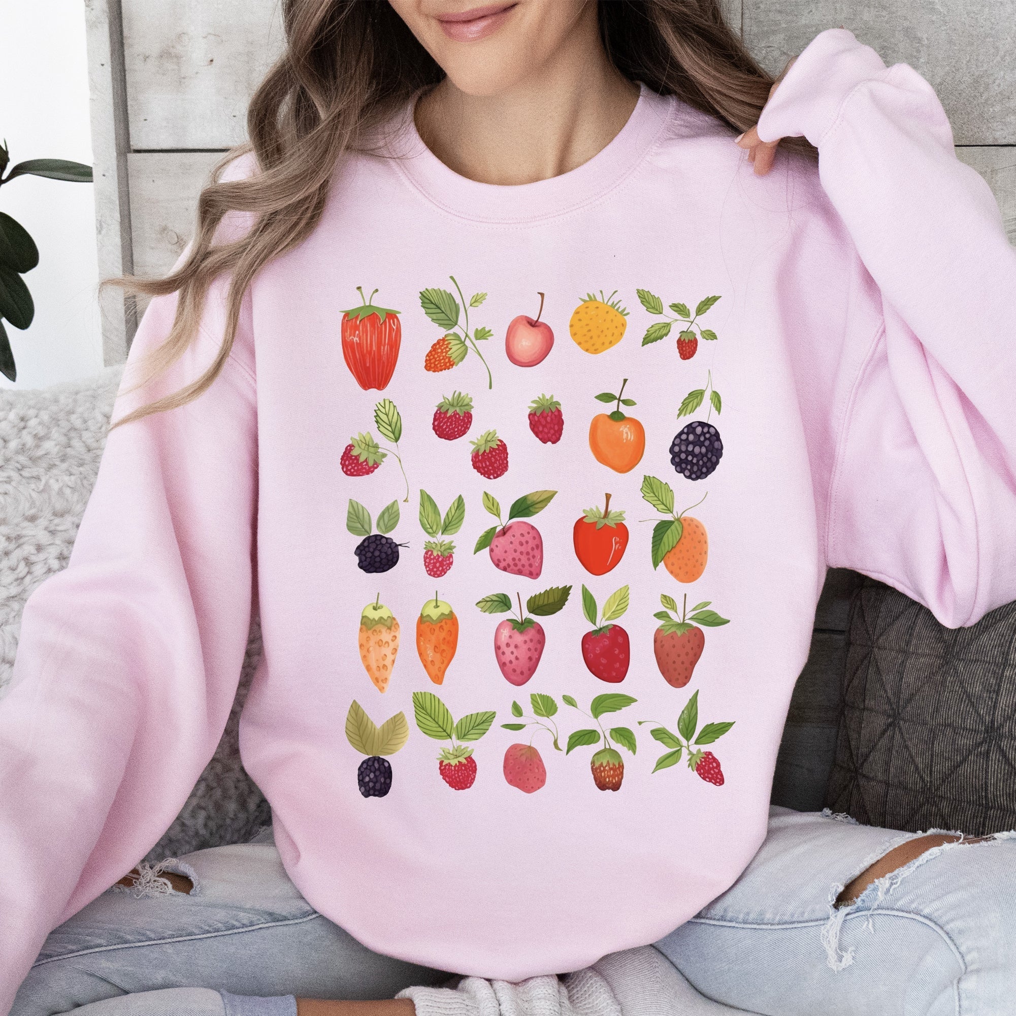 Fruity Delight Colorful Berries Illustrated Whimsical Fruit Pattern Artwork Sweatshirt
