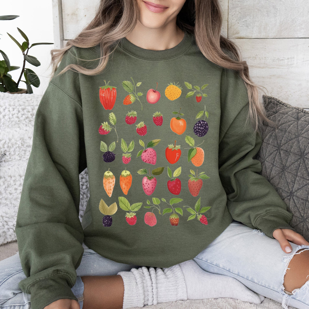 Fruity Delight Colorful Berries Illustrated Whimsical Fruit Pattern Artwork Sweatshirt