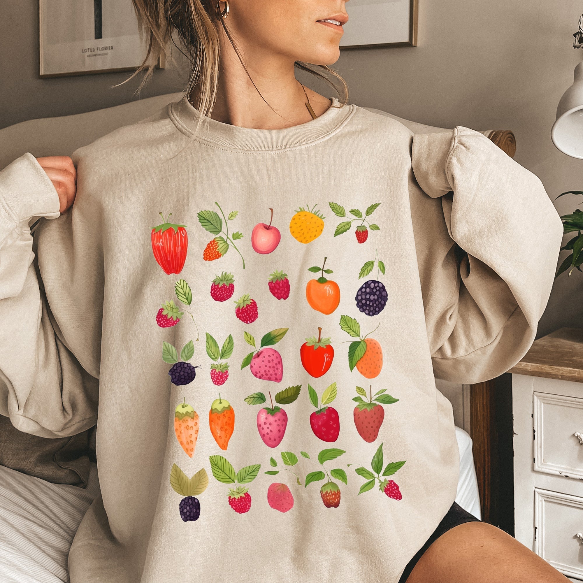 Fruity Delight Colorful Berries Illustrated Whimsical Fruit Pattern Artwork Sweatshirt