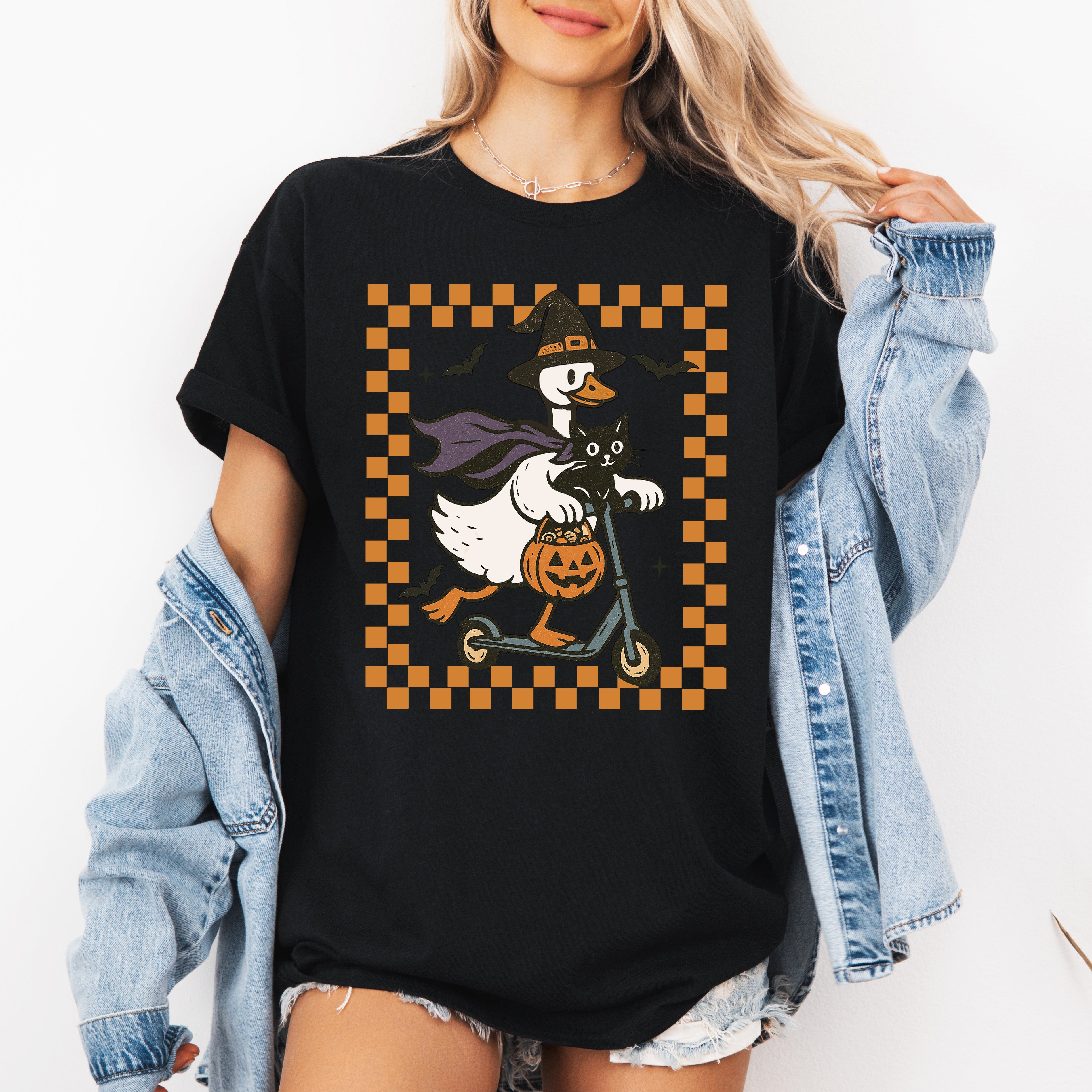 Funny Halloween Goose, Black Cat, Witch, Checkered Cartoon Illustration Graphic Tee